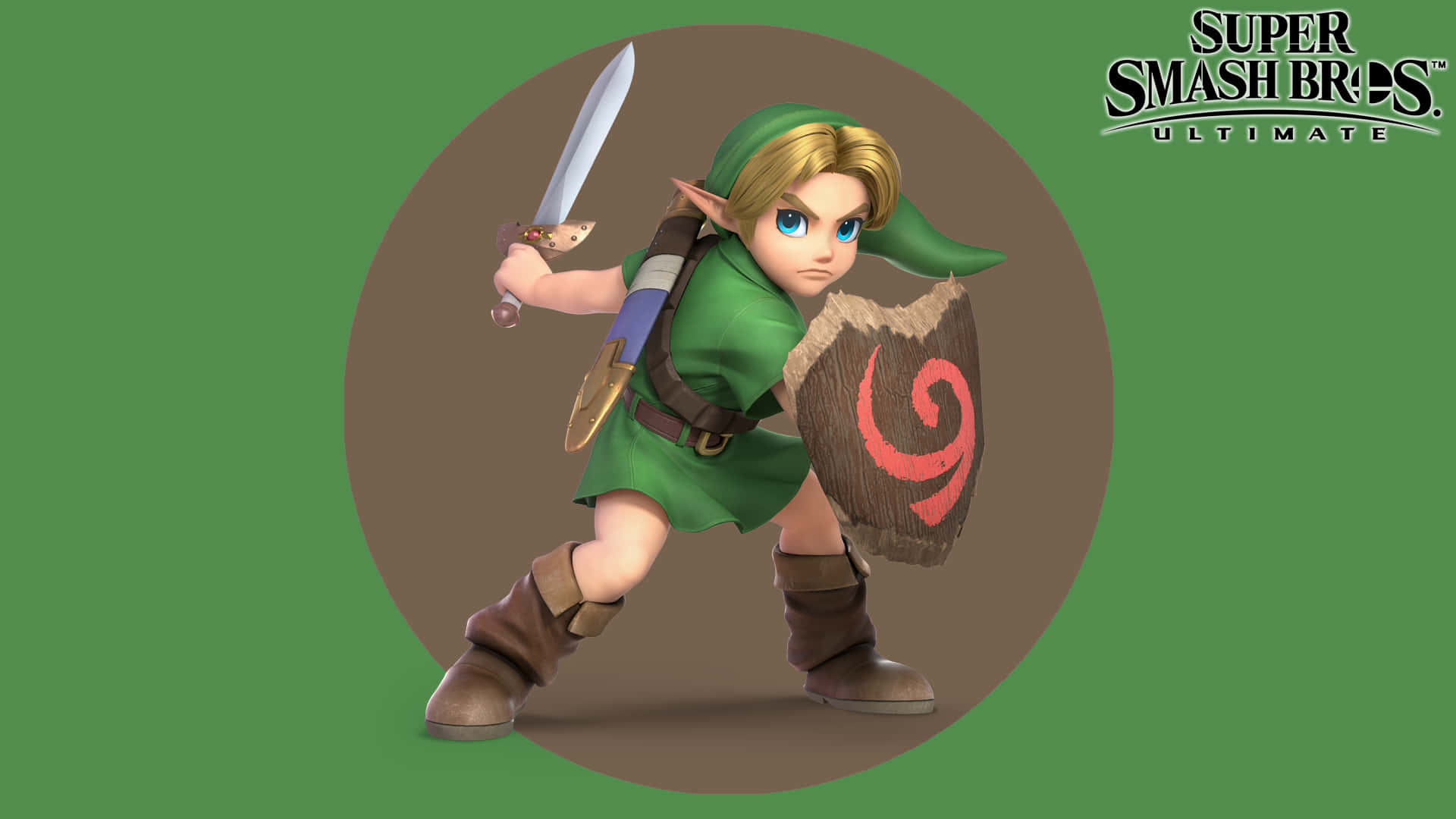 Toon Link 桌布 壁紙 — 薩爾達傳說中的林克在圓形聚光燈下，手持劍和盾牌，站在純綠色背景前。