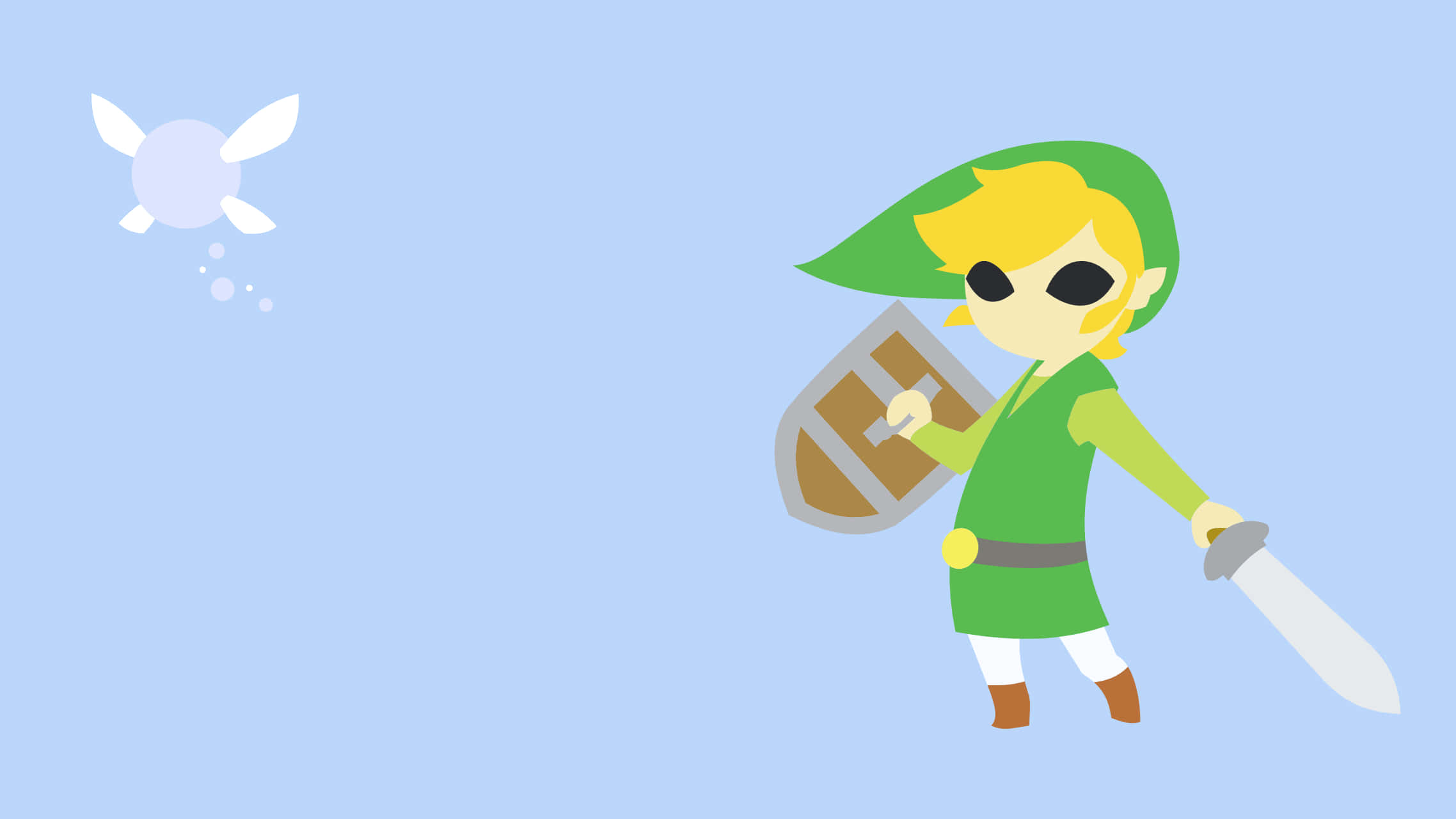 Toon Link 桌布 壁紙 — 薩爾達傳說中的林克在柔和的藍天下手持劍和盾，伴隨著漂浮的精靈同伴。