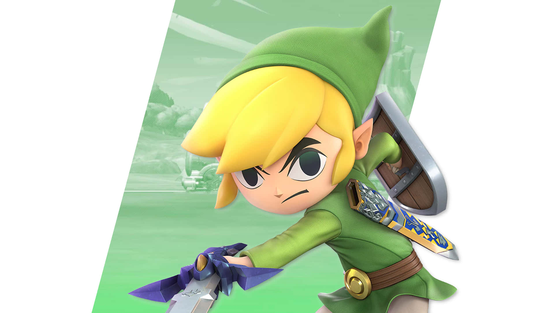 Toon Link 桌布 壁紙 — 薩爾達傳說中的林克在綠色模糊背景前以動態動畫姿勢揮舞劍和盾牌。