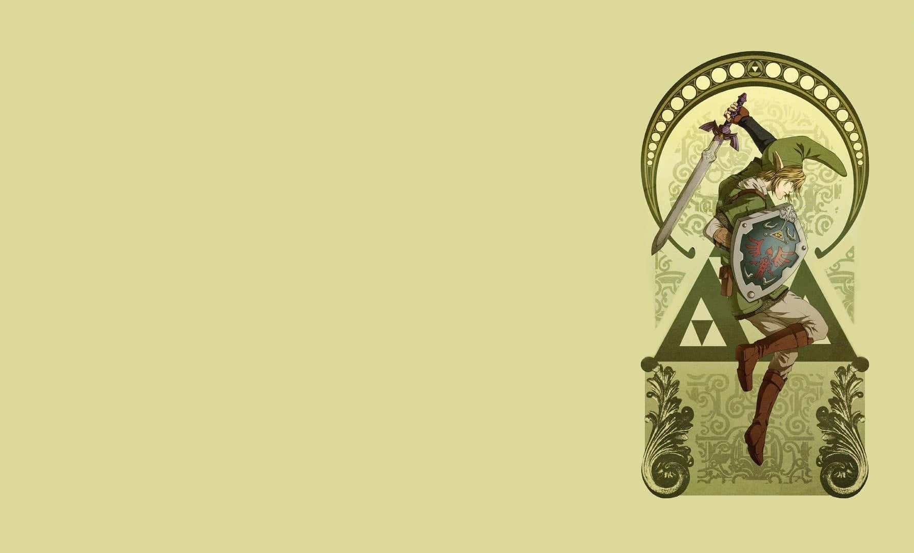 The Legend Of Zelda Skyward Sword 桌布 壁紙 — 薩爾達傳說中的林克在華麗的綠色拱門內手持劍與盾，站在純色淺黃色背景前。