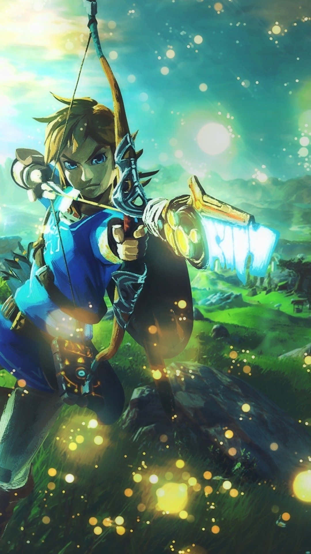 game 桌布 壁紙 — 薩爾達傳說中的林克將他發光的弓瞄準了陽光明媚的天空，下方是點綴著金色光芒的草地山丘。