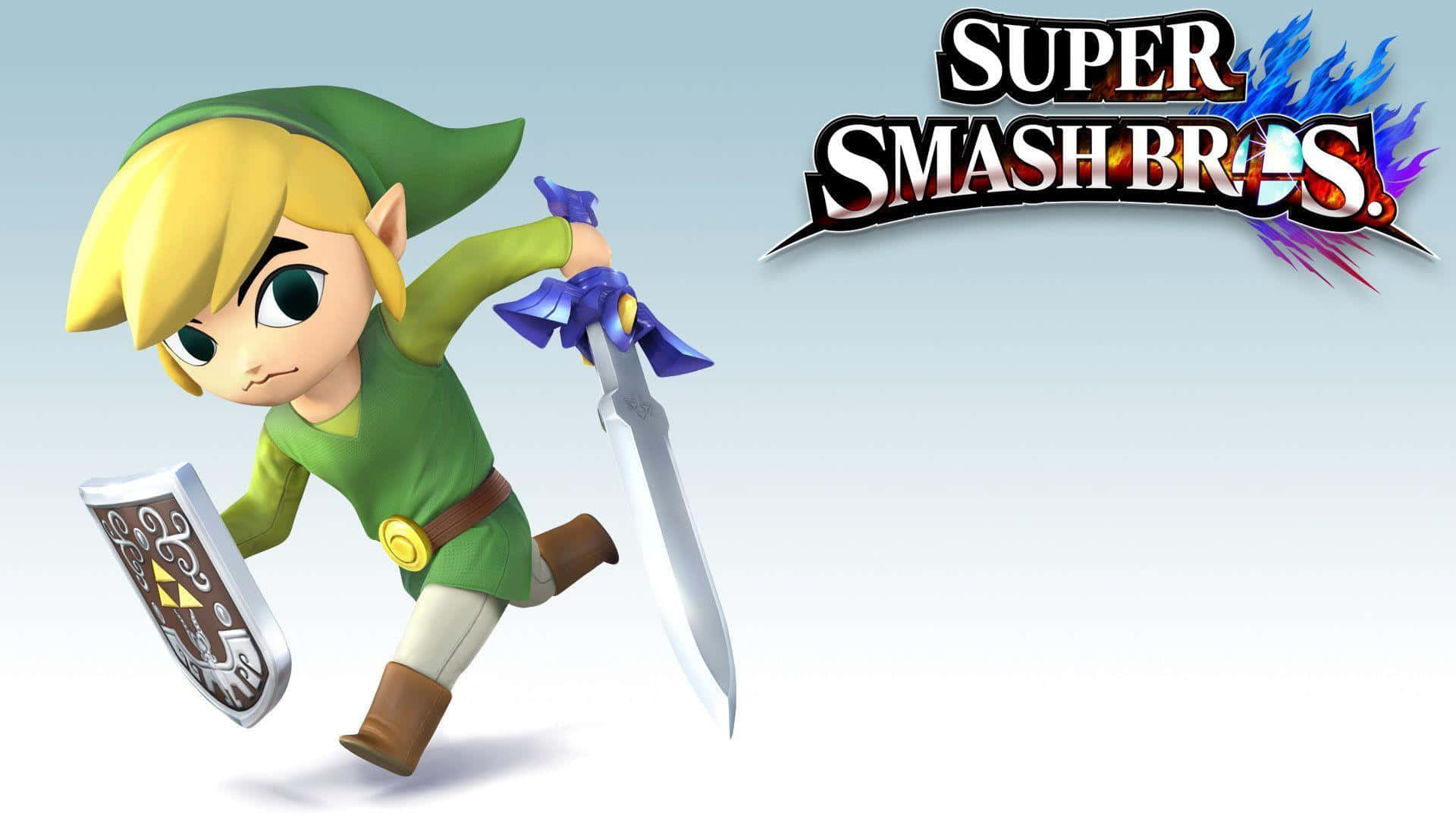 Toon Link 桌布 壁紙 — 薩爾達傳說中的林克手持劍盾向前衝刺，背景是漸變天空和Super Smash Bros標誌。