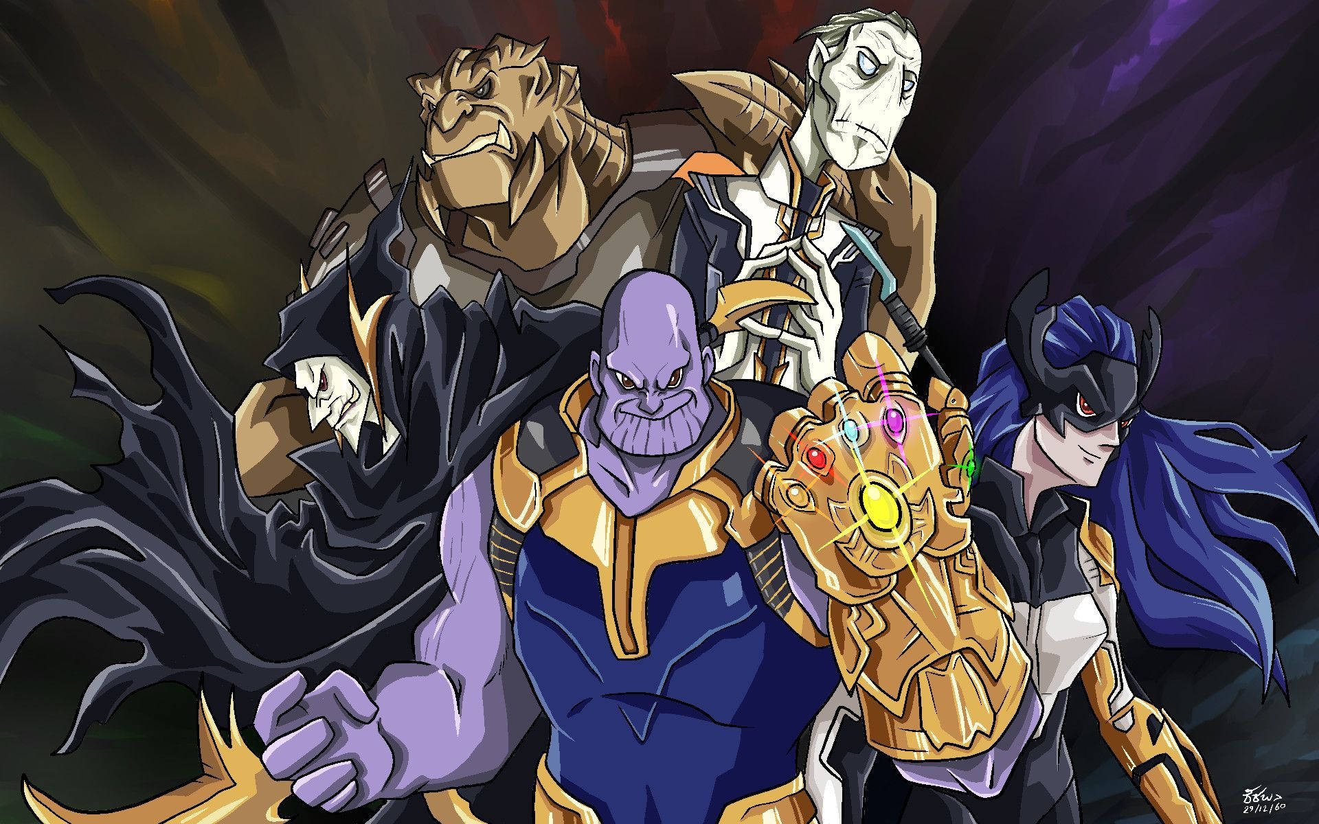 Villains 桌布 壁紙 — 薩諾斯和他的精英小隊在黑暗的宇宙背景下威風凜凜地站立，他們的盔甲在戲劇性的燈光下閃閃發光。