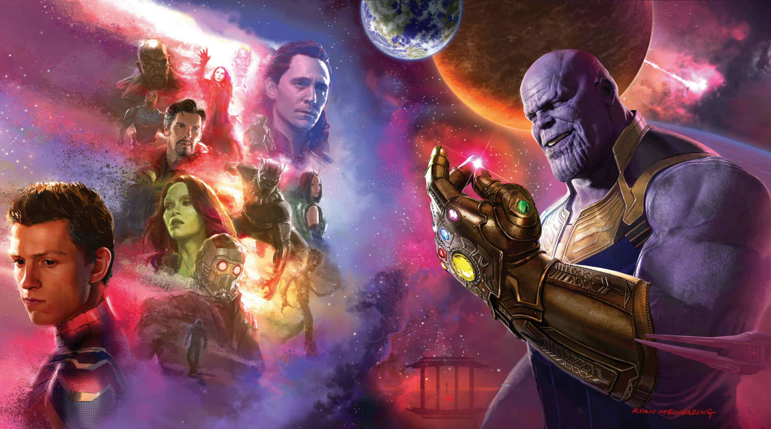infinity war 桌布 壁紙 — 薩諾斯在太空中巨大地出現，手握無限手套，英雄們在他身後發光，進行宇宙戰鬥。