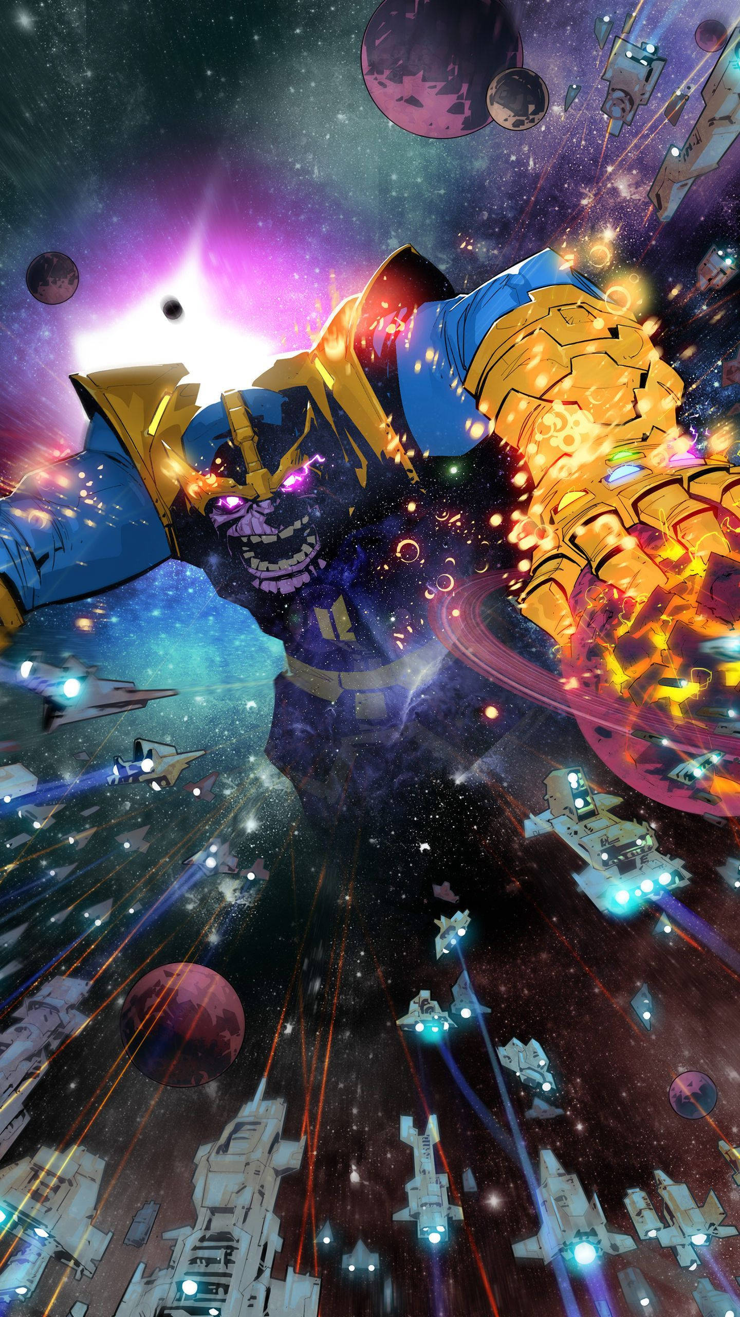 comic 桌布 壁紙 — 薩諾斯在宇宙戰鬥中揮舞無限手套，置身於星艦和行星之間，充滿活力的太空混亂。