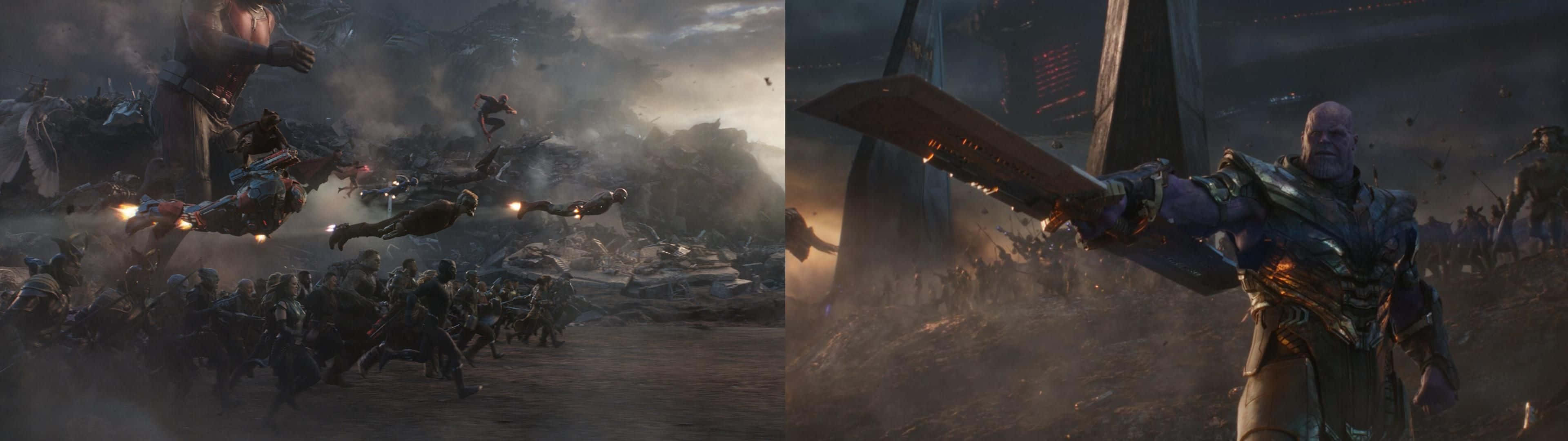 Avengers Dual Screen 桌布 壁紙 — 薩諾斯在混亂的戰場上揮舞著發光的劍，英雄們飛翔，士兵們在暴風雨的天空下交戰。