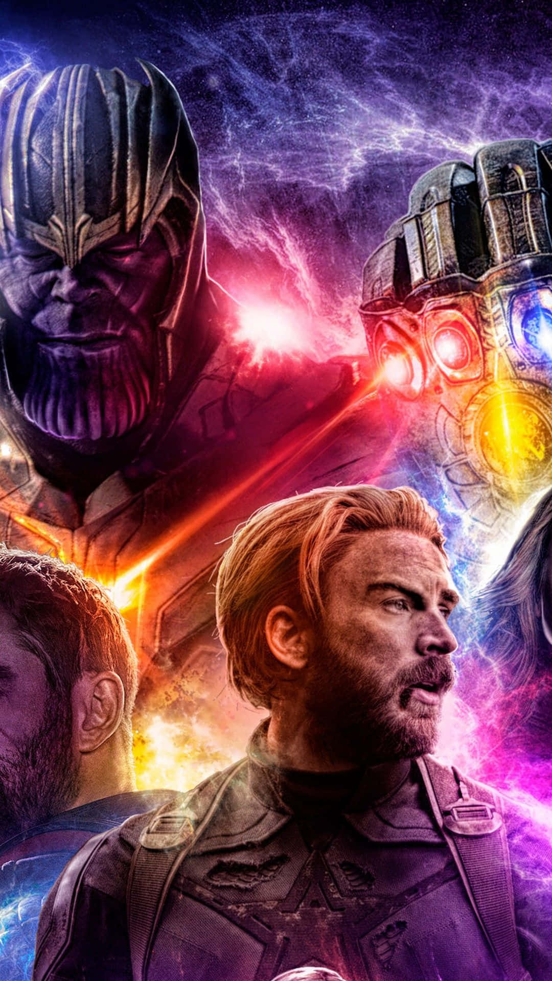Avengers Endgame iPhone 桌布 壁紙 — 薩諾斯帶著發光的無限手套，在宇宙能量中威脅性地逼近，而英雄在下方挑釁地凝視。