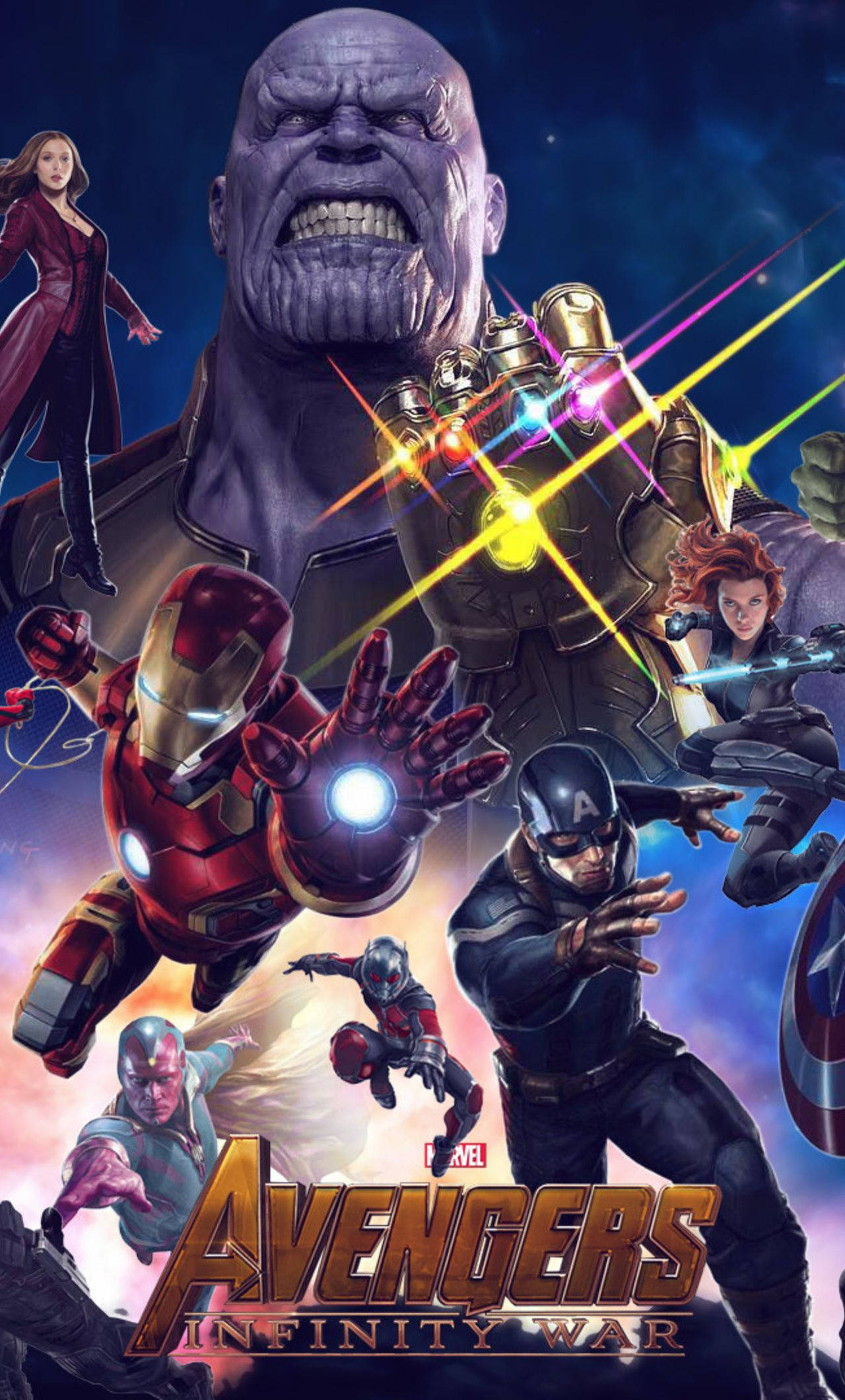 avengers android 桌布 壁紙 — 薩諾斯帶著發光的無限手套威嚇地逼近，而復仇者英雄們正在對抗宇宙黑暗。