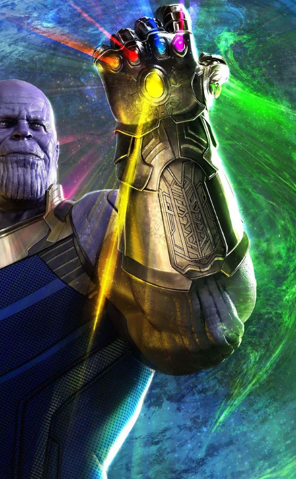 Mind Stone 桌布 壁紙 — 薩諾斯揮舞著發光的無限手套，背景是宇宙星雲和充滿活力的能量光束。