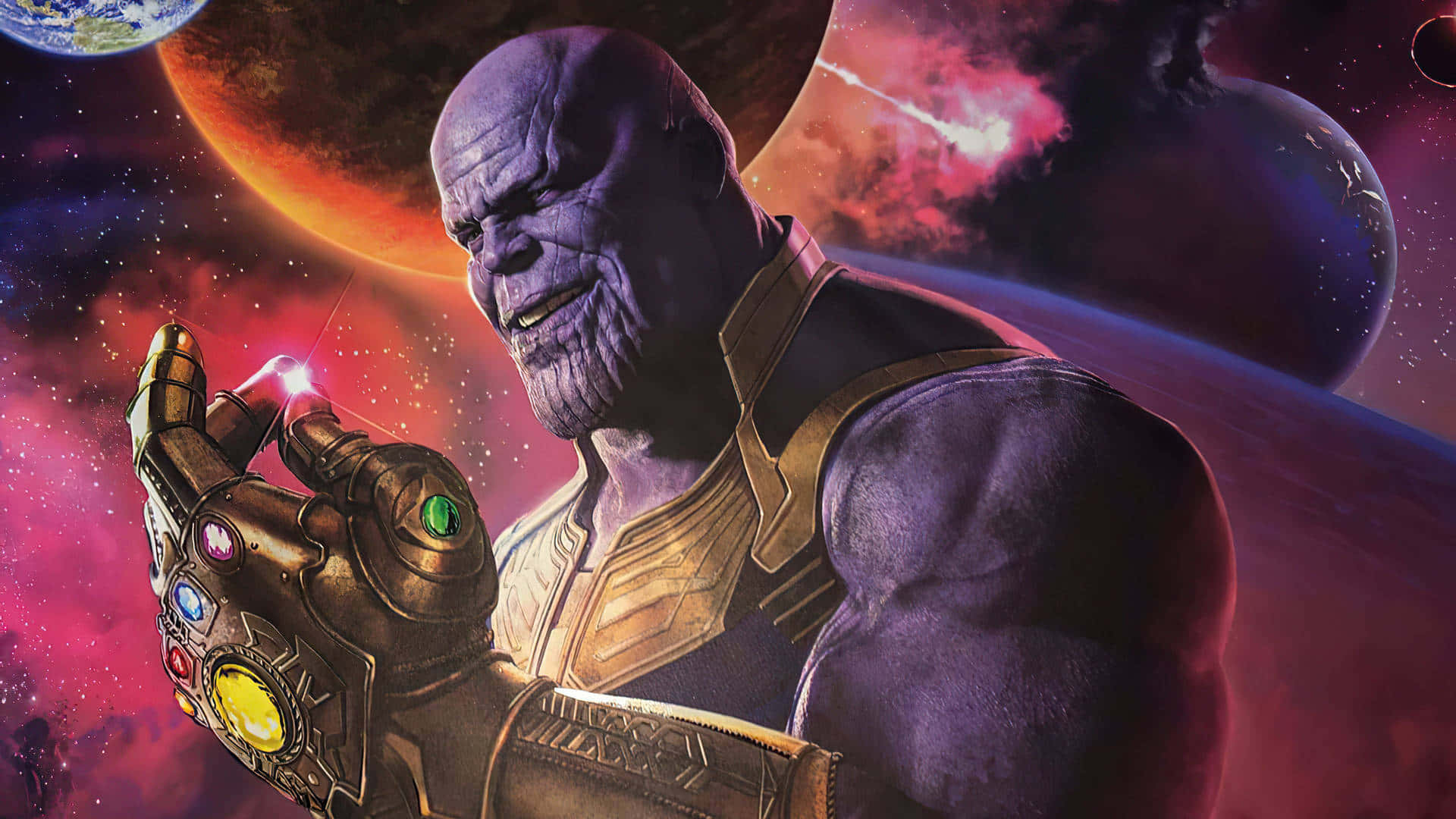 Reality Stone 桌布 壁紙 — 薩諾斯站在太空中，手持帶有發光寶石的手套，背景是行星和星雲的宇宙景象。