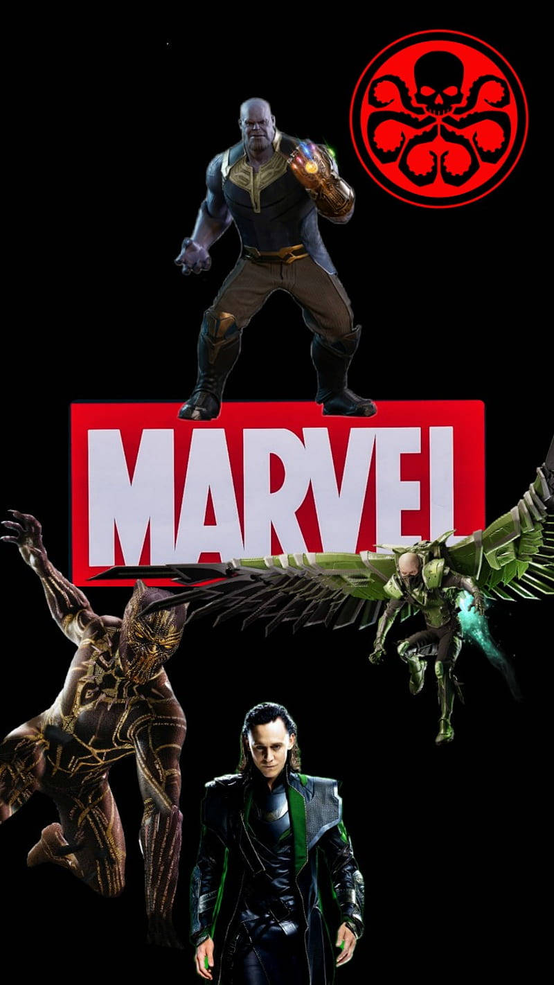 漫威手機 桌布 壁紙 — 薩諾斯站在紅色Marvel標誌上，黑豹、洛基和一個有翼角色在黑色背景上動態擺姿勢。