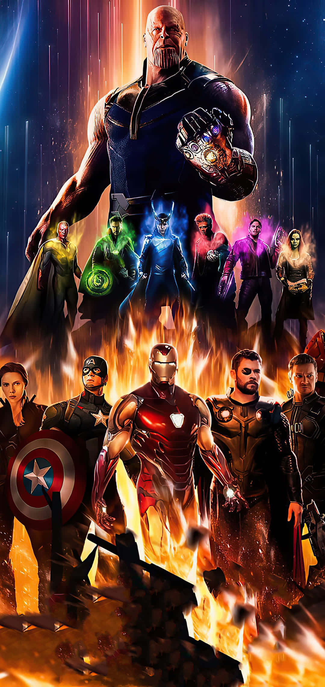 Endgame 桌布 壁紙 — 薩諾斯聳立在熾熱的戰場上，復仇者聯盟在他下方，在宇宙背景下挑釁地站立。