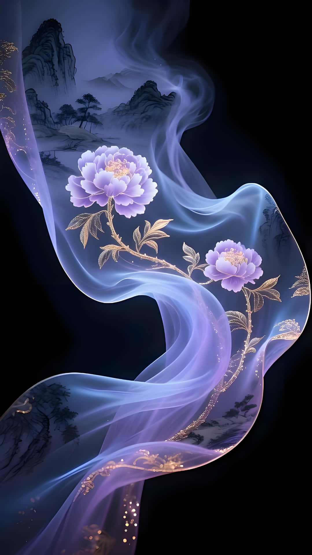 Purple Ribbon & Peonies: Chinese - Style Ethereal Wallpaper 壁紙 — 薰衣草牡丹沿著發光的藍色絲帶盛開，背景是帶有金色點綴的黑暗山脈。
