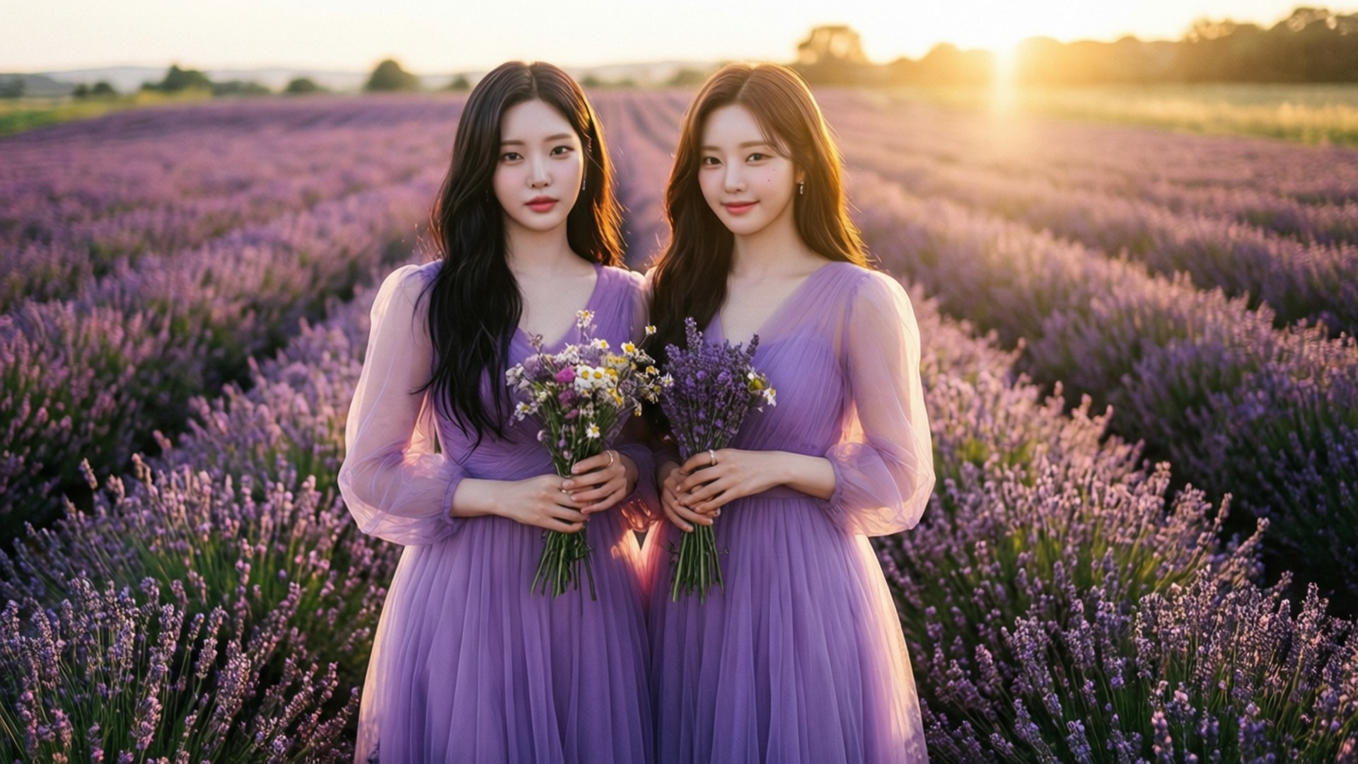TWICE 身著紫色洋裝，在薰衣草田裡沐浴著金色暮光。