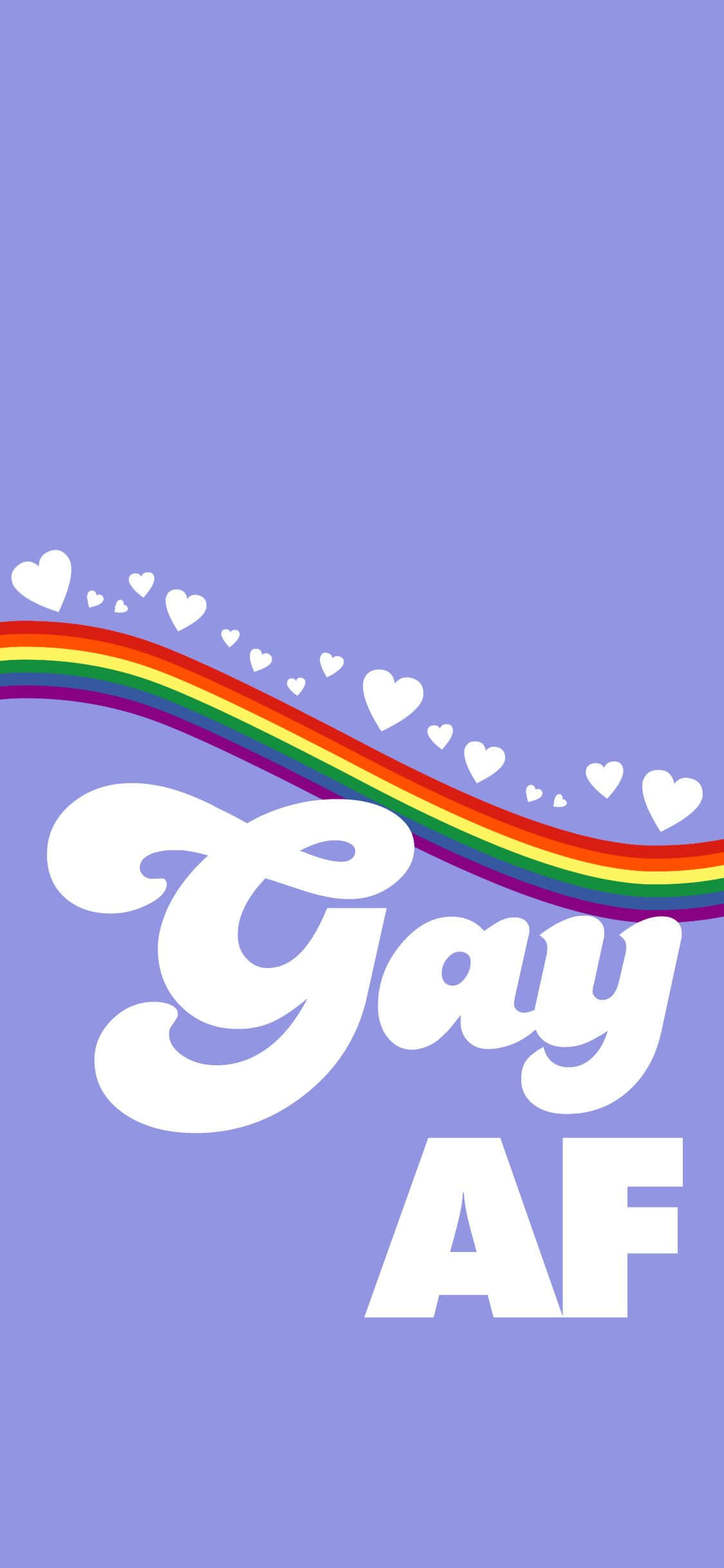 LGBT 桌布 壁紙 — 薰衣草背景上，粗體白色文字 'Gay AF' 在帶有心形的彩虹軌跡下方彎曲。