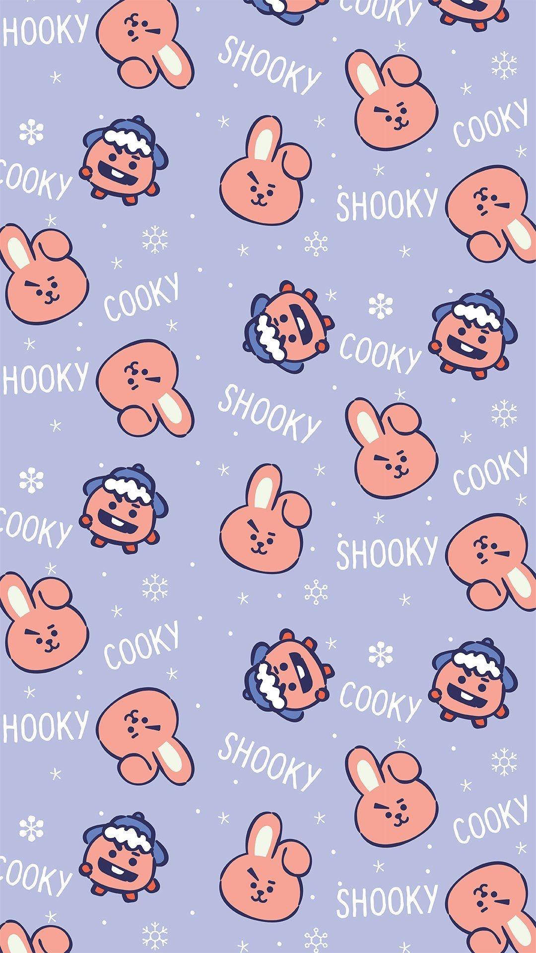 Cooky Bt21 桌布 壁紙 — 薰衣草背景上帶有雪花的可愛卡通人物重複圖案。