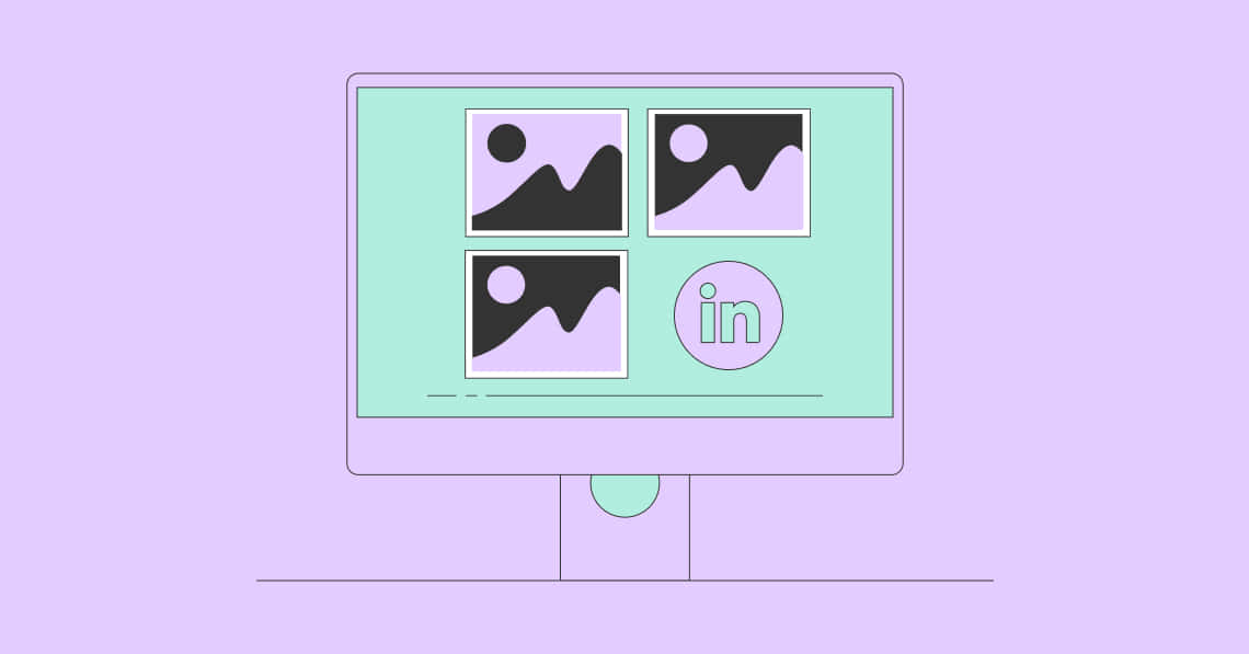 Linkedin Logo 桌布 壁紙 — 薰衣草背景上顯示三個佔位圖像和一個LinkedIn圖示的顯示器的極簡線條藝術插圖。