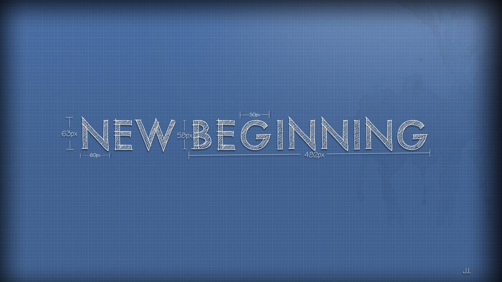 Inspirational Quotes 桌布 壁紙 — 藍圖風格文字，寫有「NEW BEGINNING」，帶有尺寸線，背景為褪色藍色網格。