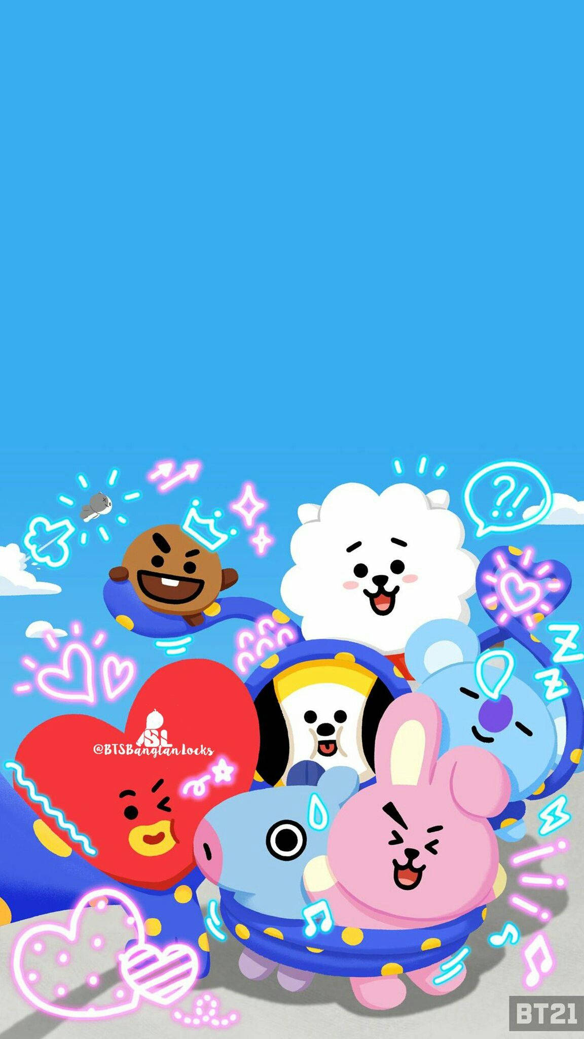 BT21 桌布 壁紙 — 藍天中的卡通角色，帶有心形、閃光和對話氣泡。