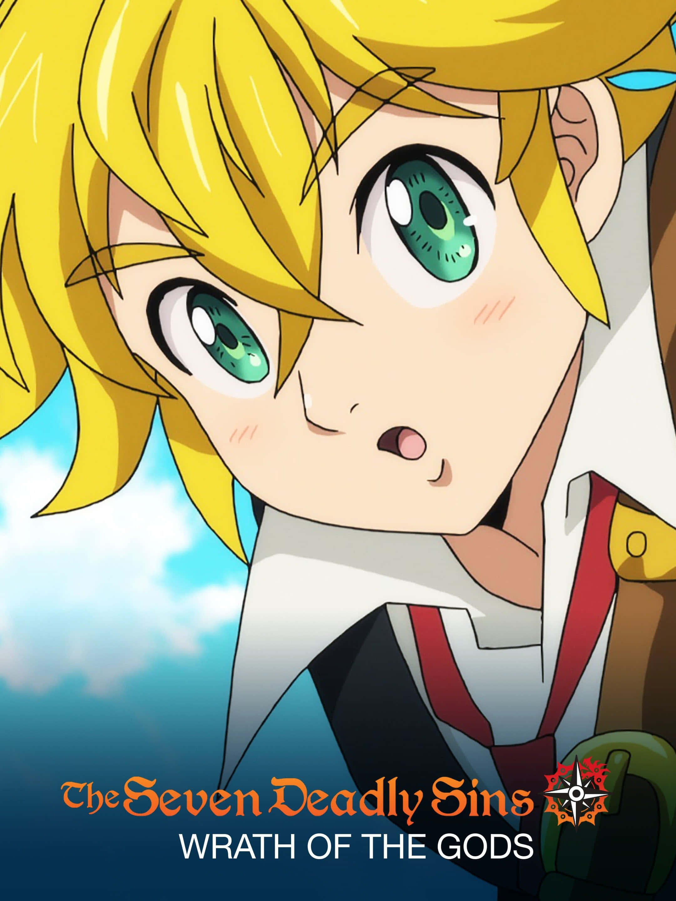 The Seven Deadly Sins 桌布 壁紙 — 藍天背景下，一頭亮麗黃髮和藍綠色眼睛的驚訝動漫男孩特寫。