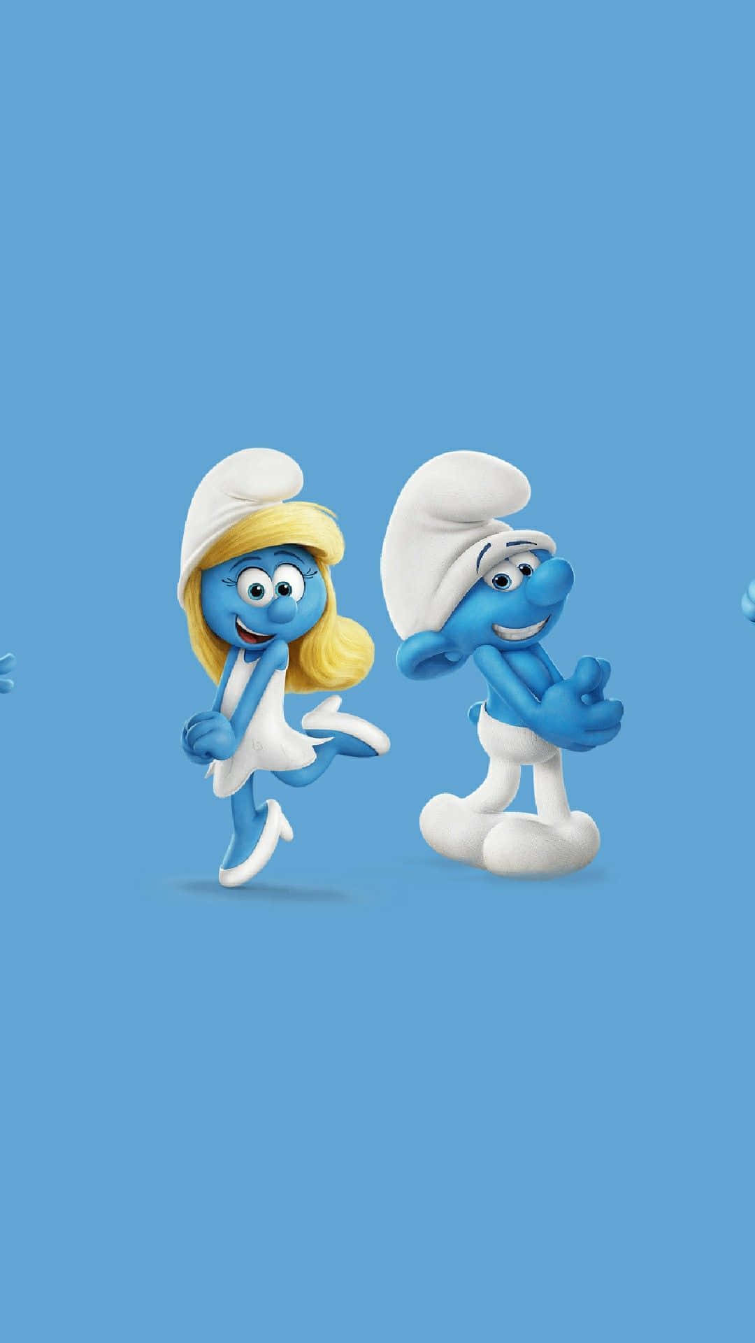 Cartoon Characters 桌布 壁紙 — 藍妹妹和一個男性藍精靈在純藍色背景上歡快地跳舞。