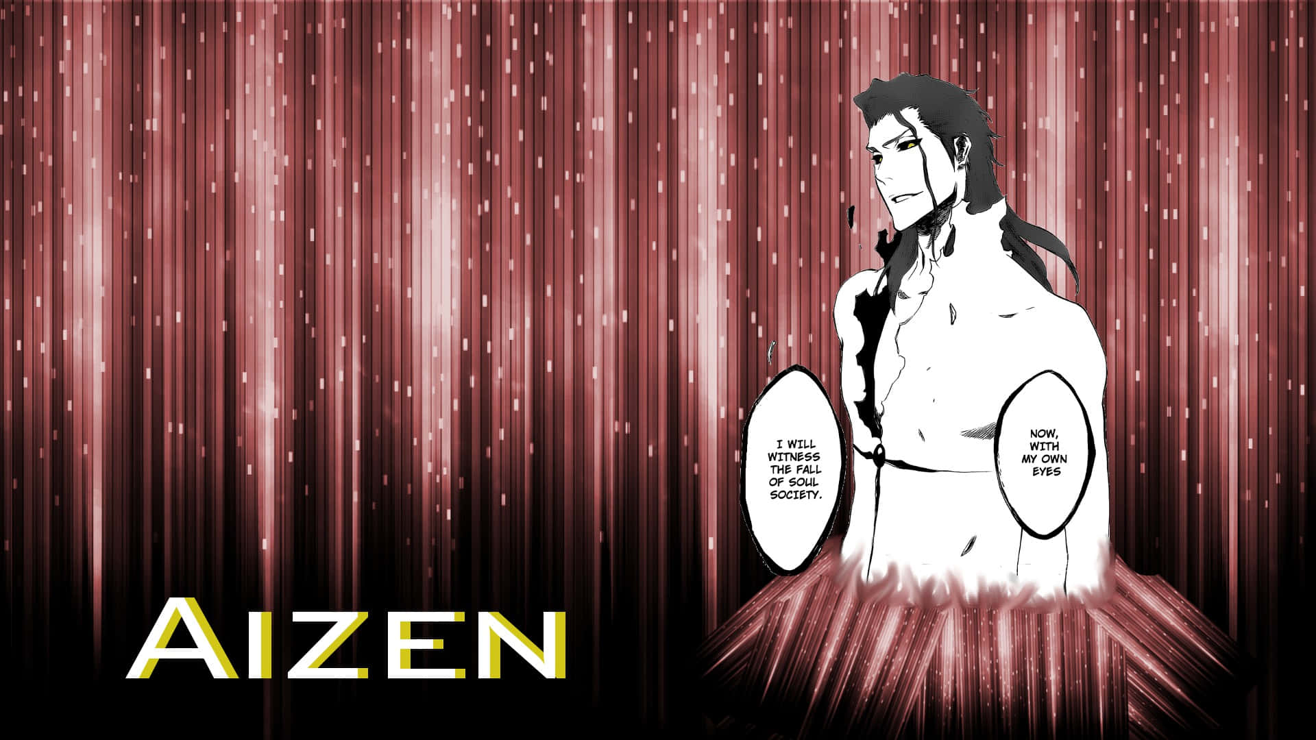 Sosuke Aizen 桌布 壁紙 — 藍染站在戲劇性的紅色帷幕背景前，發光的文字和對話框宣告他見證屍魂界隕落的意圖。