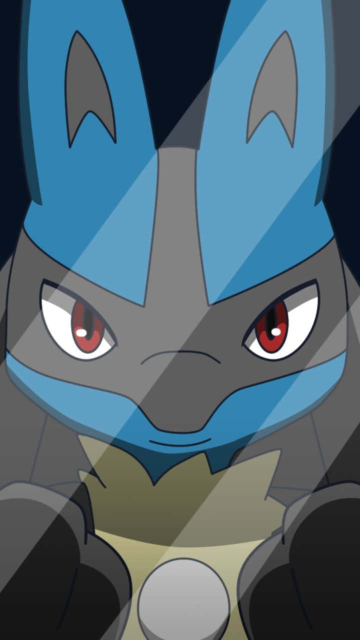 Pokémon 手機 桌布 壁紙 — 藍灰色動畫寶可夢的特寫，擁有銳利的紅色眼睛和堅定的表情，背景為深色。