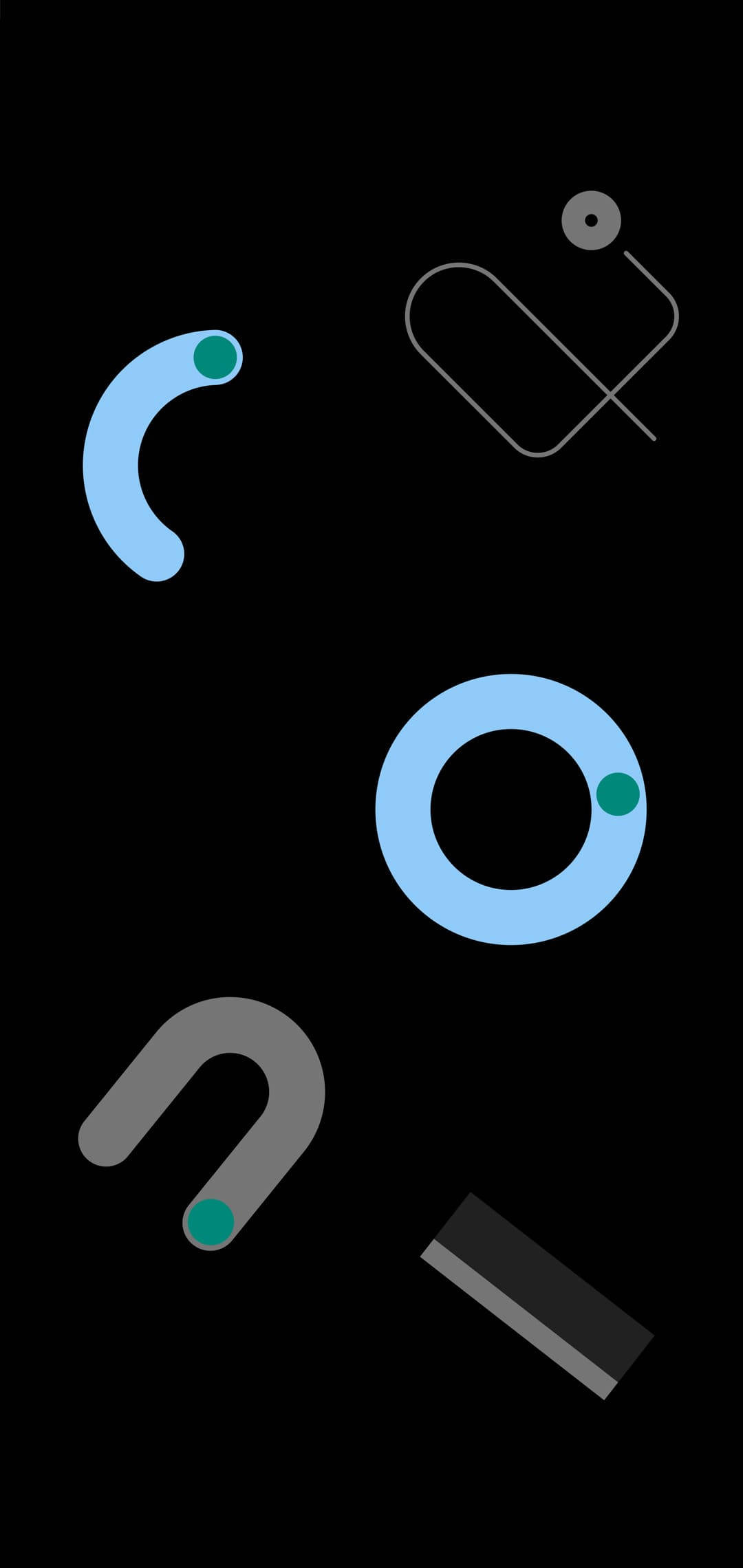Pixel 4 桌布 壁紙 — 藍灰色和藍綠色的極簡抽象形狀在純黑背景上漂浮。