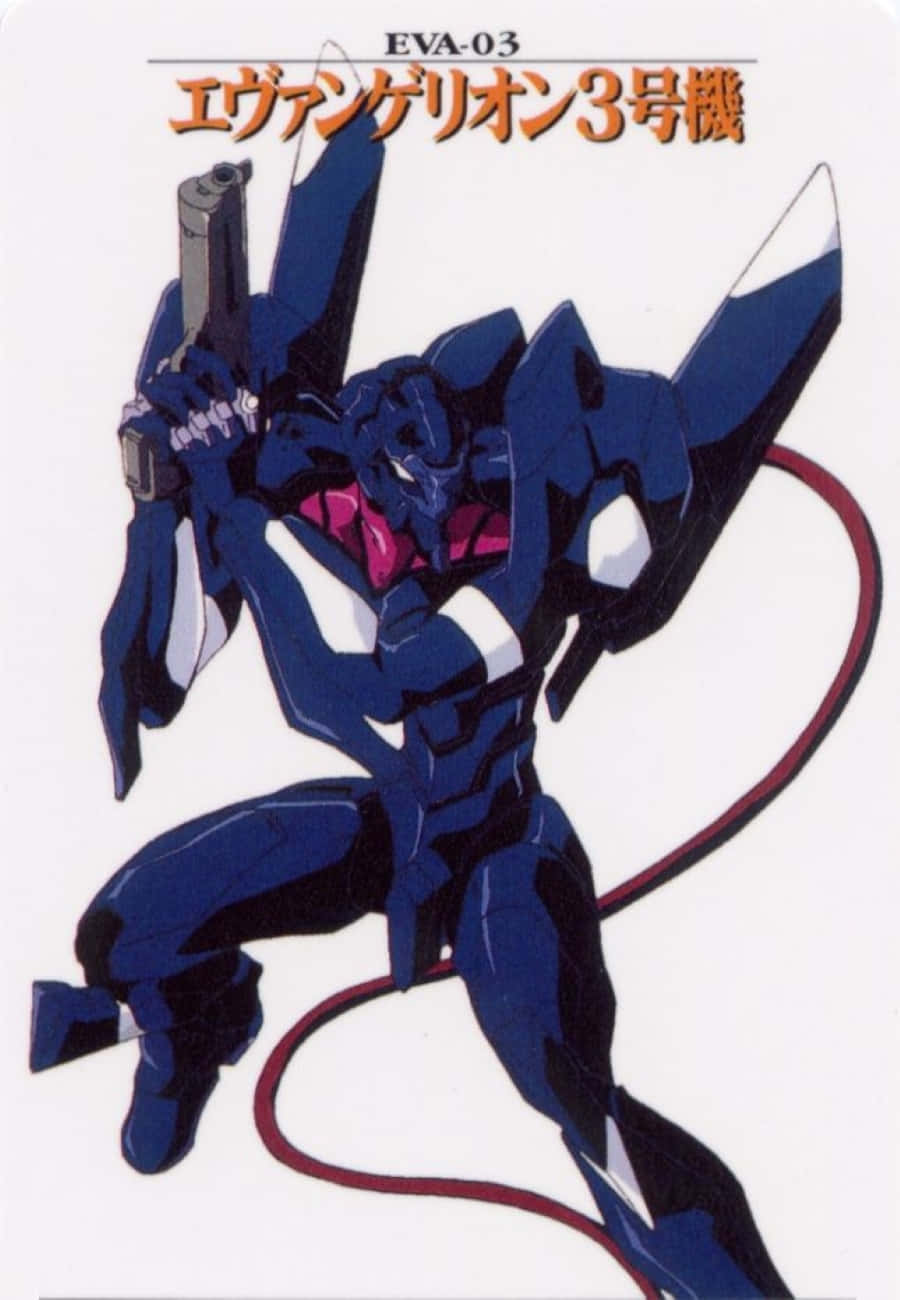 Eva-03 桌布 壁紙 — 藍白相間的 Evangelion Unit-03 以動態姿勢站立，手持武器，背景為純白色。