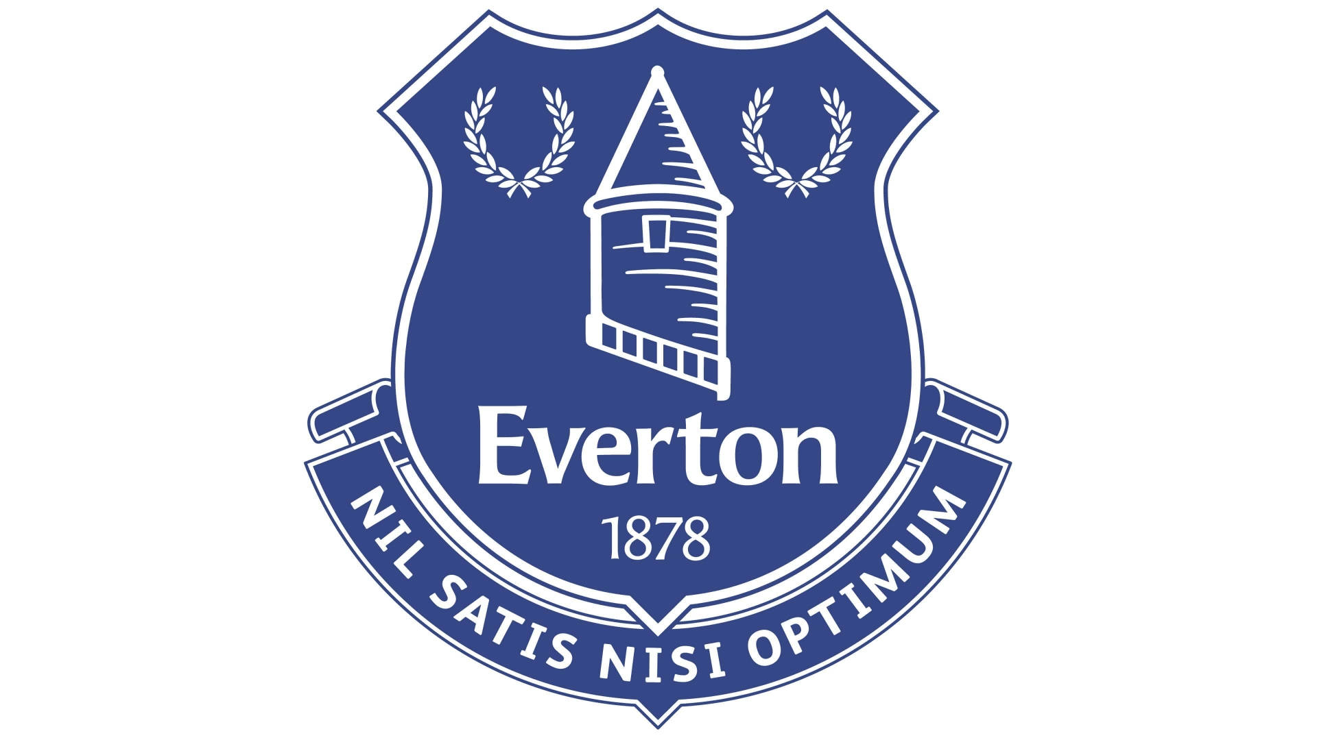 Everton 桌布 壁紙 — 藍白相間的艾佛頓足球會徽章，以月桂花環環繞的塔樓及格言 nil satiis nisi optimum 為特色。