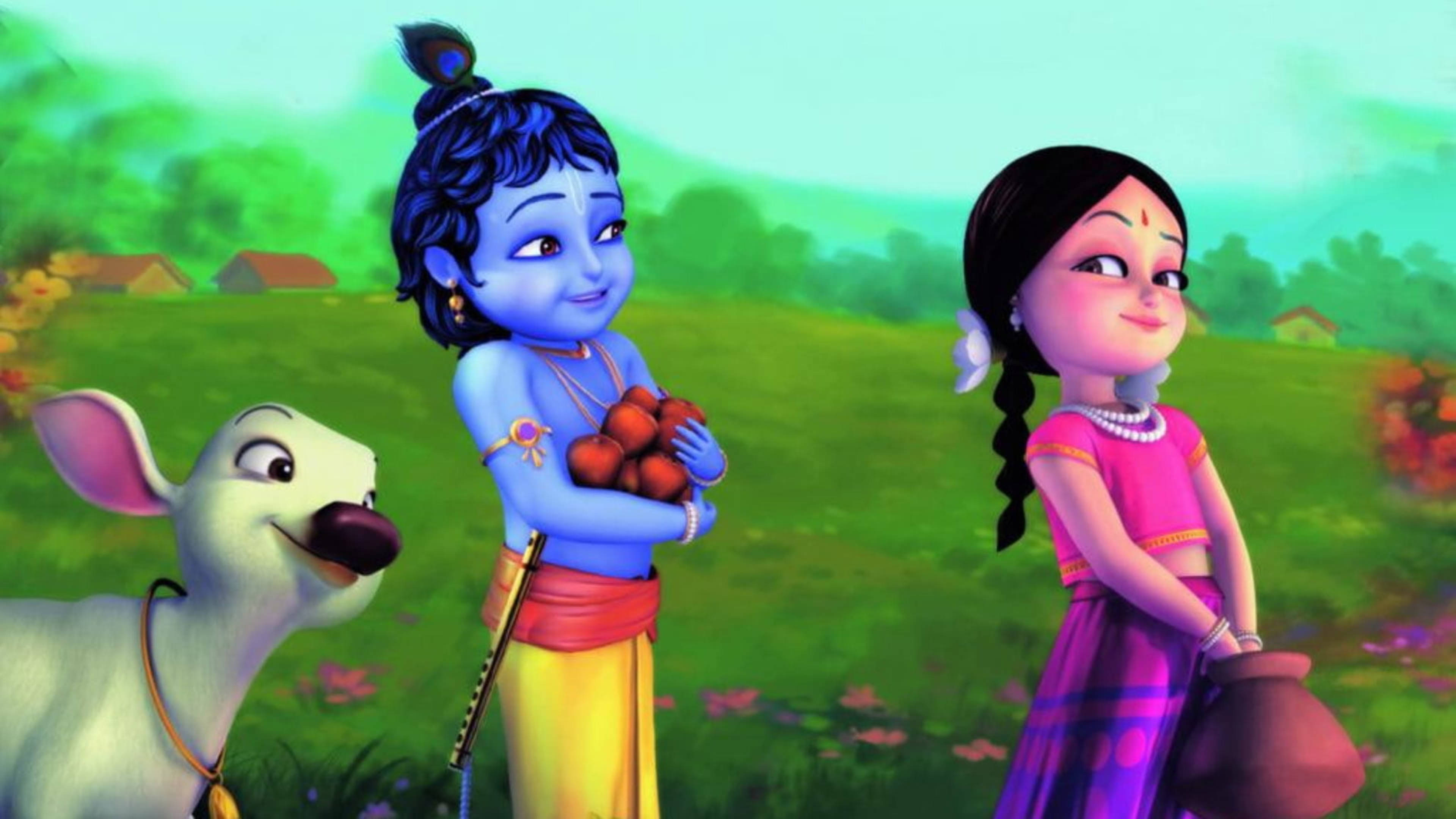 krishna ji 桌布 壁紙 — 藍皮膚動畫男孩拿著紅色球球，旁邊有微笑女孩和白色山羊，在充滿活力的綠色田野中。