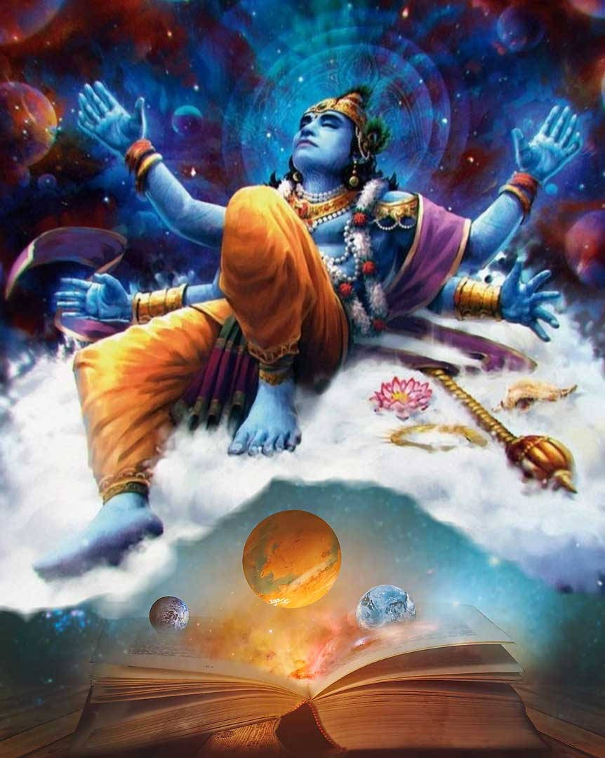 hindu iPhone 桌布 壁紙 — 藍皮膚多臂神祇坐在雲端上，下方有一本打開的書，行星從書中浮現，背景是宇宙星空。