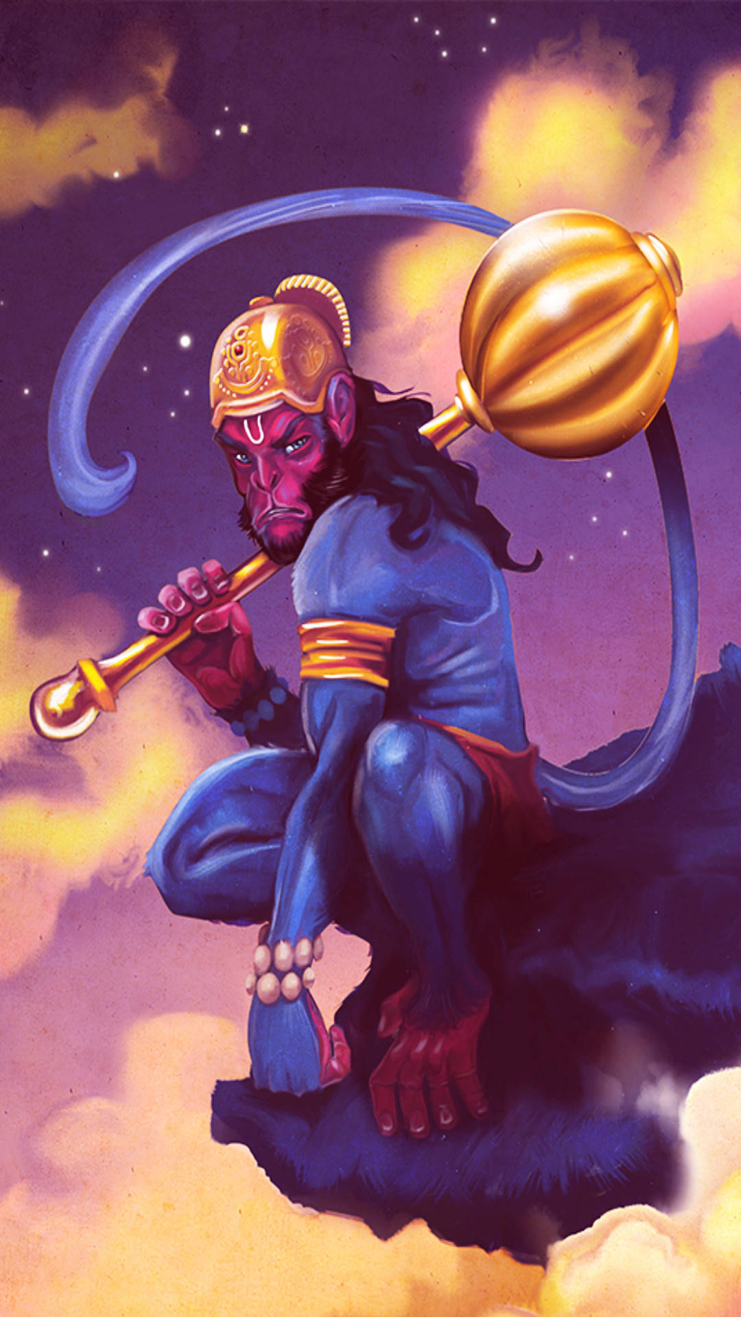 hanuman art 桌布 壁紙 — 藍皮膚猴神，頭戴金盔，手持金杖，在繁星點點的暮色天空中駕雲而行。