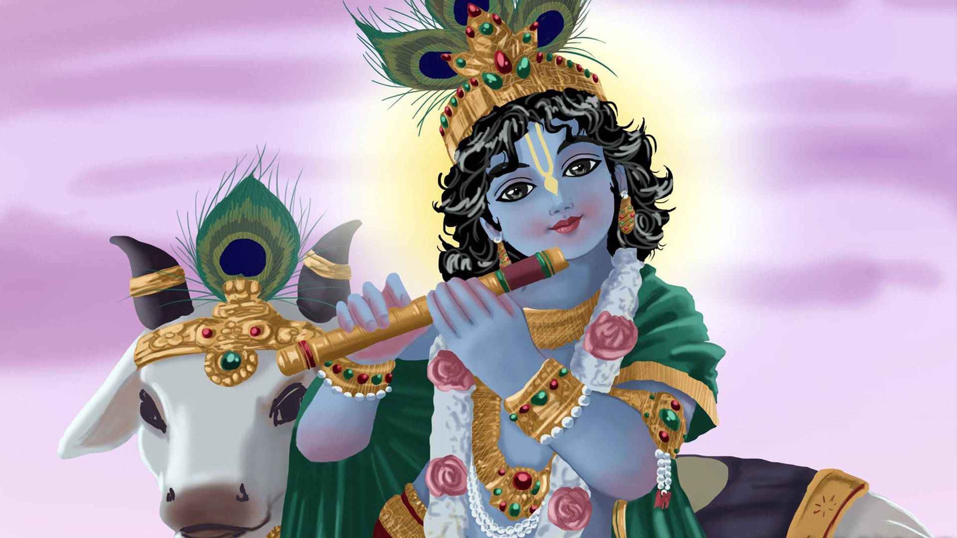 Little Krishna 桌布 壁紙 — 藍皮膚的印度教神祇克里希納坐在裝飾過的牛上，在柔和的紫色天空下吹奏長笛。