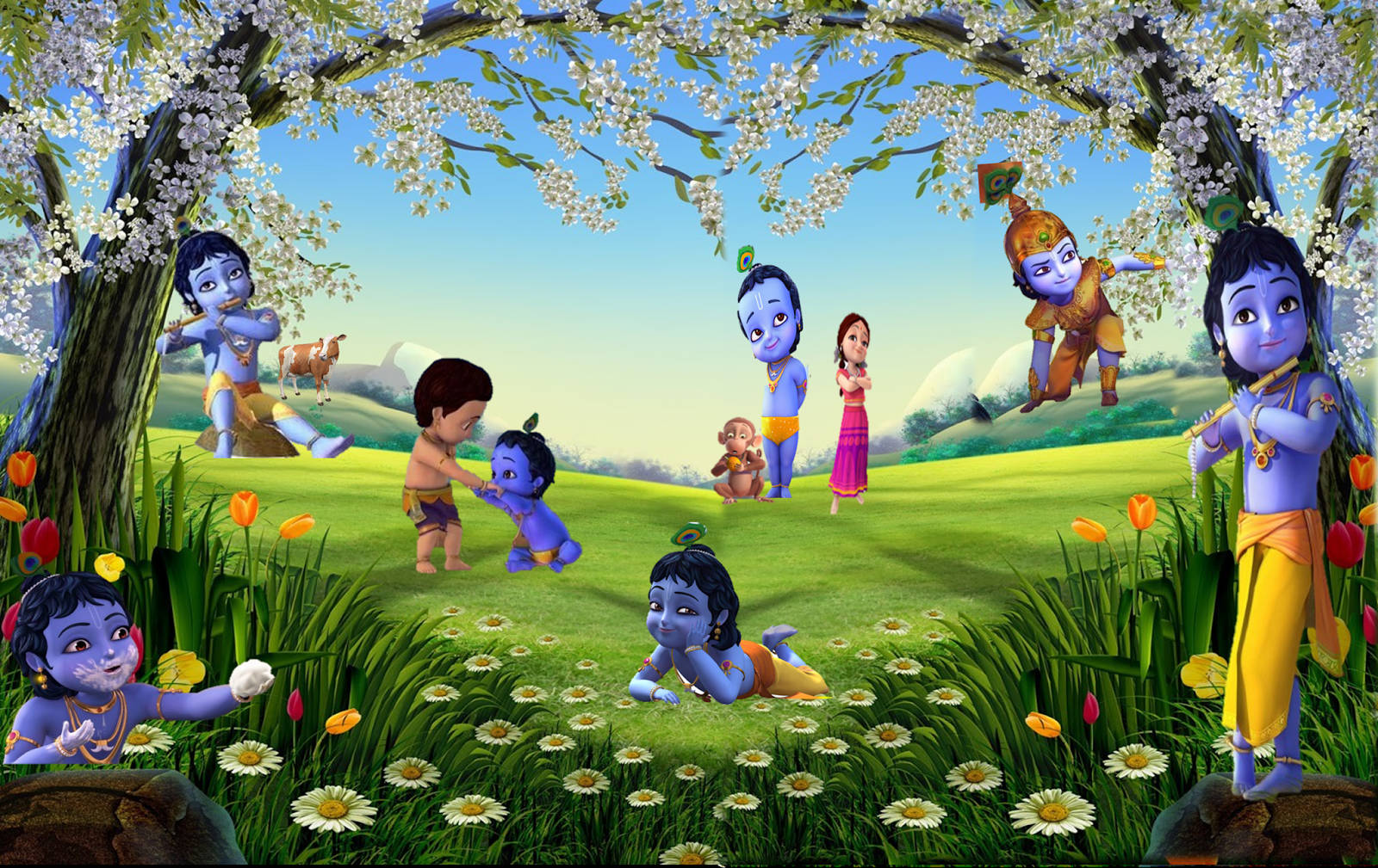 krishna 3d 桌布 壁紙 — 藍皮膚的孩子們在開花的樹下，在充滿雛菊和鬱金香的 vibrant 草地上快樂地玩耍。