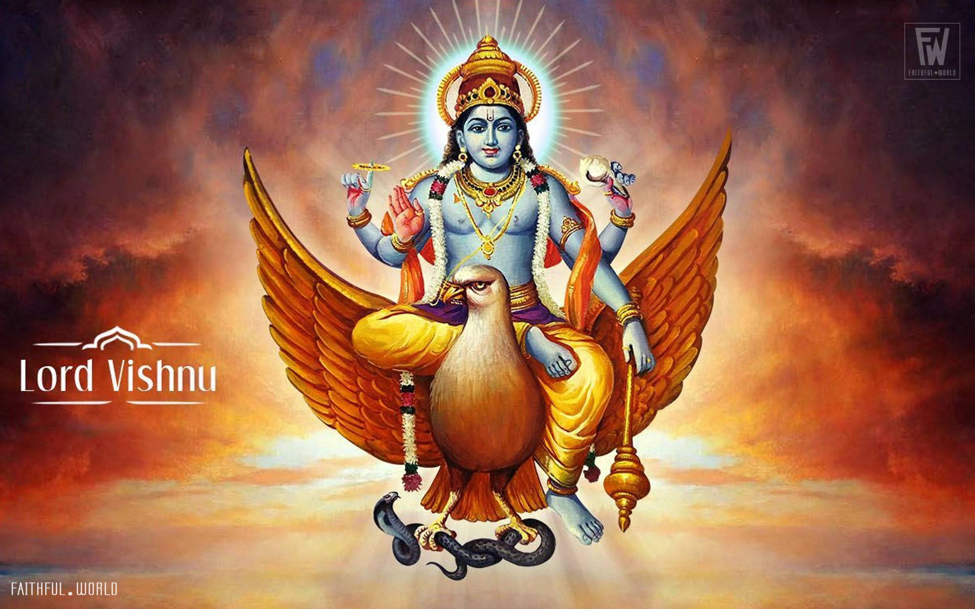 Vishnu 桌布 壁紙 — 藍皮膚的毗濕奴神騎著金色迦樓羅，背景是熾熱的日落天空，帶有光芒四射的光環。