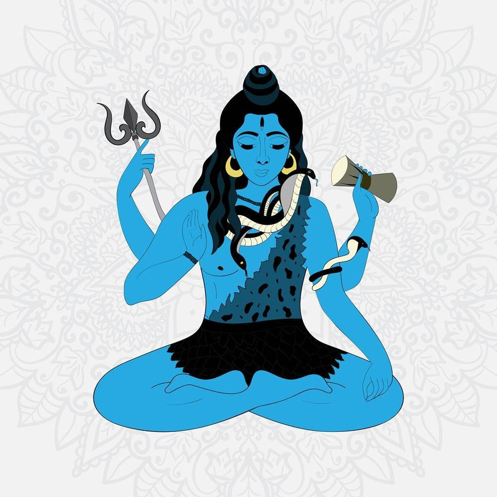 Shiva Cartoon 桌布 壁紙 — 藍皮膚的濕婆以蓮花坐姿冥想，手持三叉戟和達瑪魯，頸上纏蛇，背景為花卉圖案。