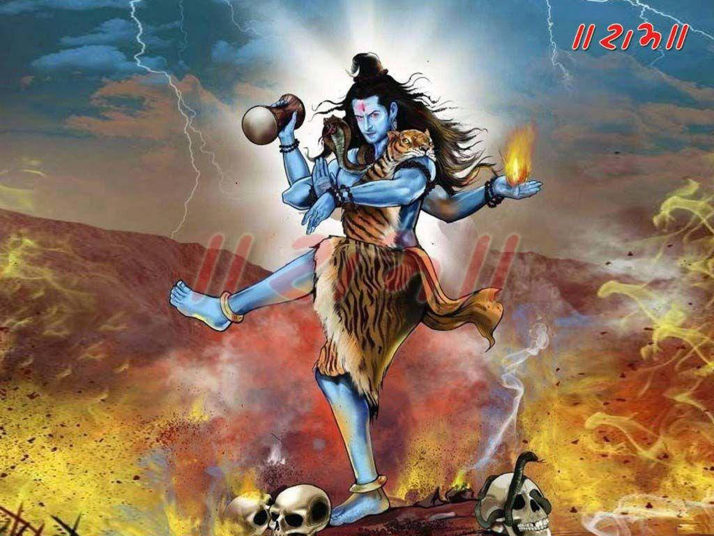 mahakaal HD 桌布 壁紙 — 藍皮膚的濕婆在宇宙之火中跳舞，身披虎皮和骷髏，背景是風暴天空。