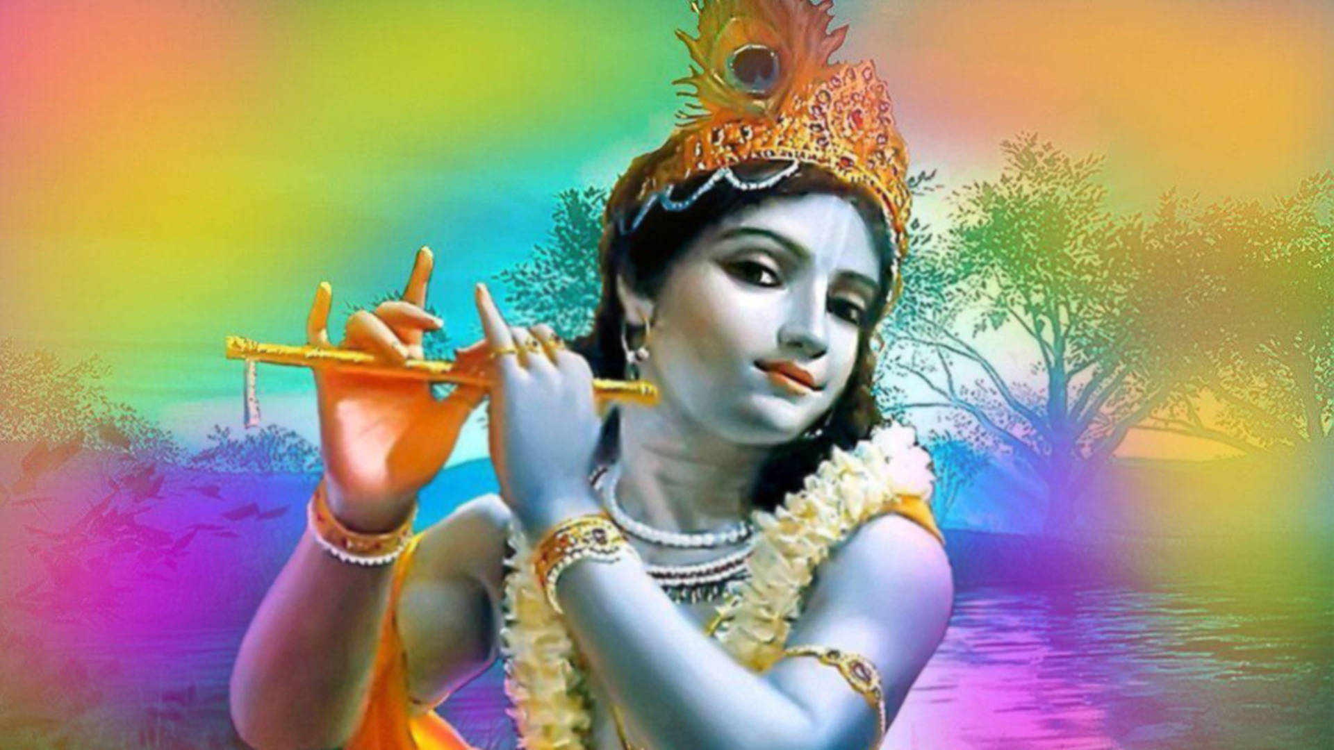 krishna 3d 桌布 壁紙 — 藍皮膚的神聖人物在充滿活力的彩虹背景下吹奏金色長笛，背景有寧靜的樹木和水。