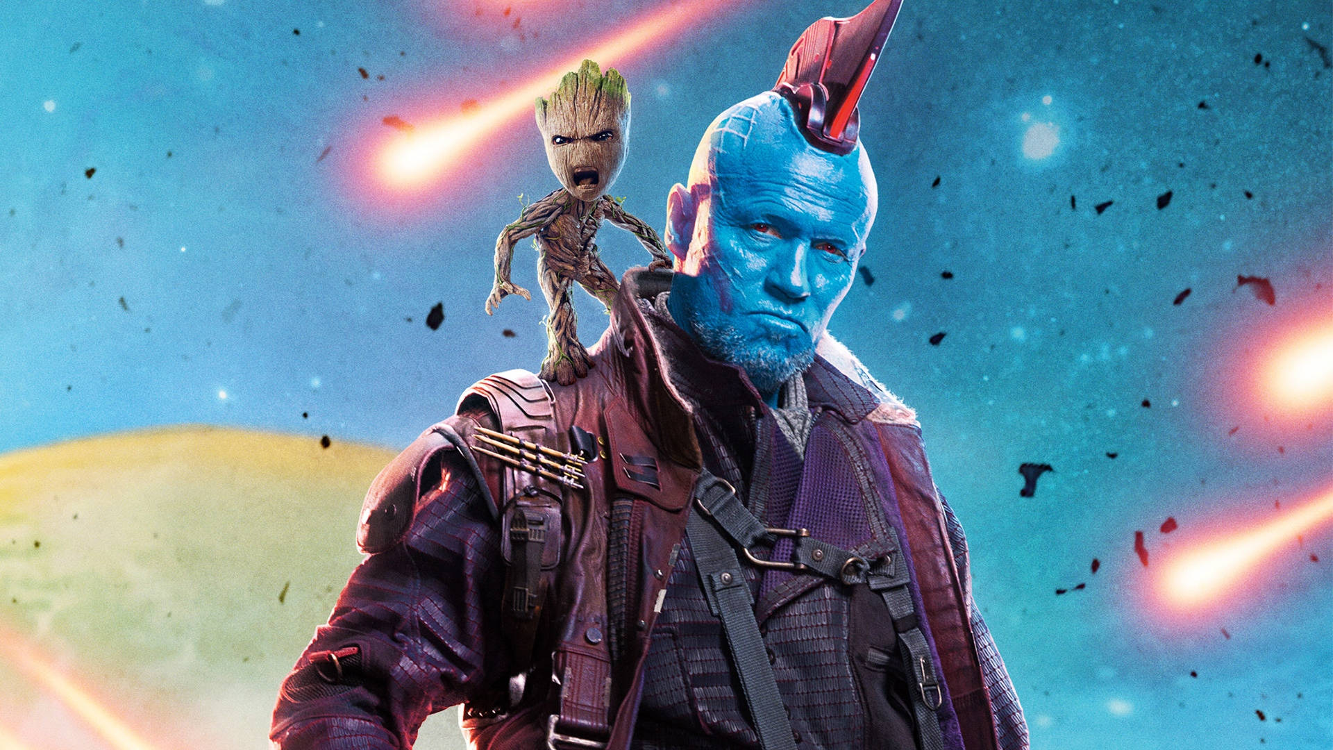 Baby Groot 桌布 壁紙 — 藍皮膚的銀河守護者，肩上有格魯特，身處宇宙碎片和發光能量軌跡之中。