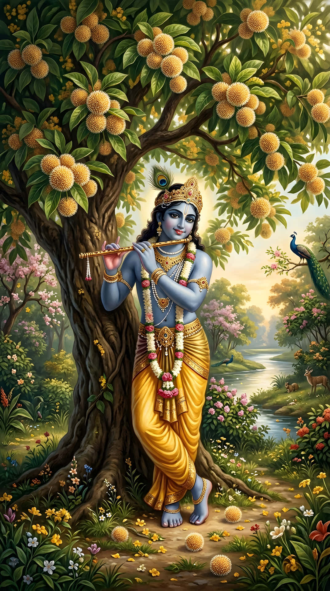 Divine Bansuri and Peacock Feather on Ethereal Blue Mystical Background with Glowing Energy Particle 壁紙 — 藍皮膚神祇克里希納在孔雀和河流環繞的 vibrant 花園中，於盛開的樹下吹奏長笛。