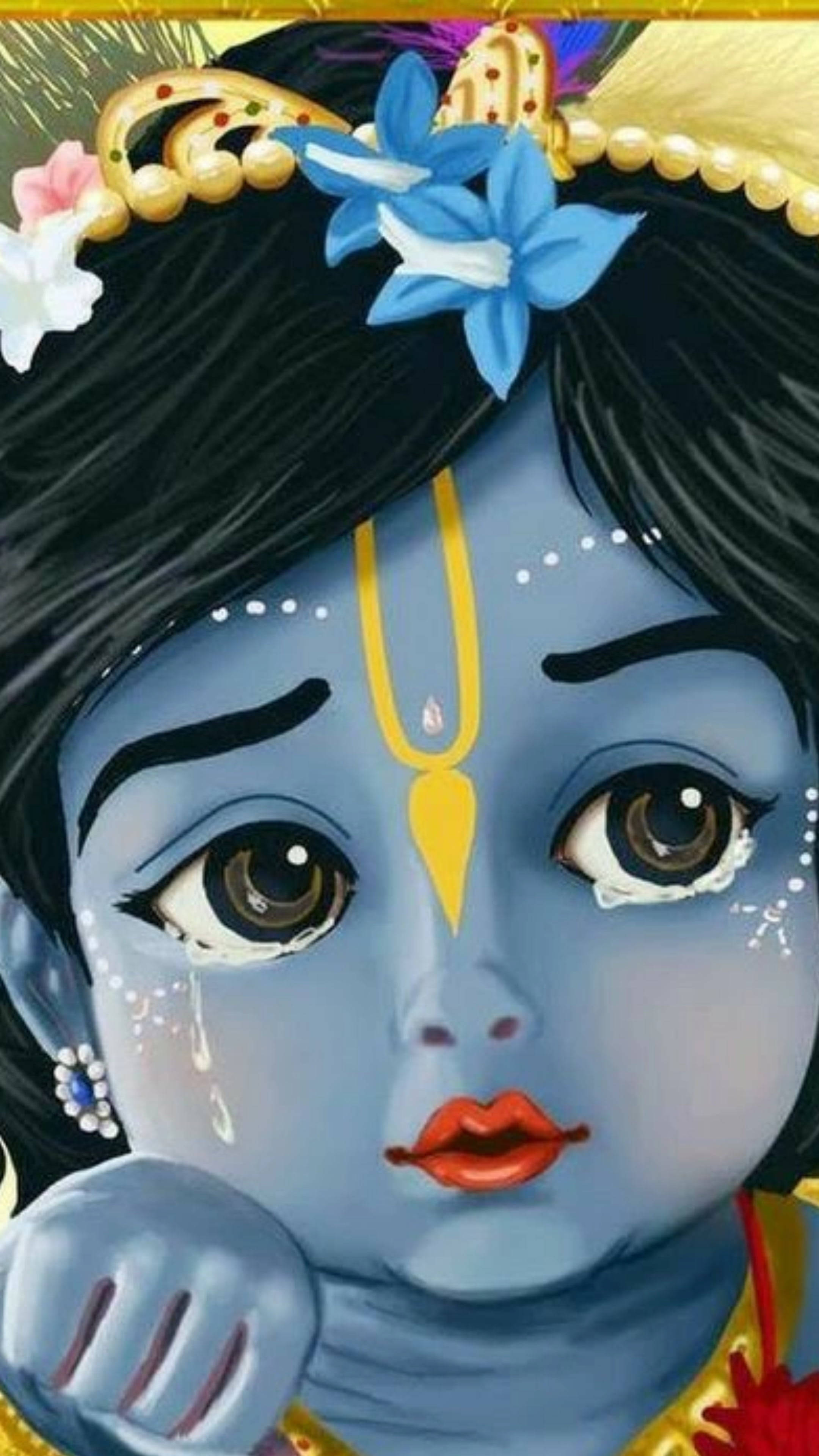 animated krishna 桌布 壁紙 — 藍皮膚神祇近照，淚眼盈眶，飾有鮮花和金飾。