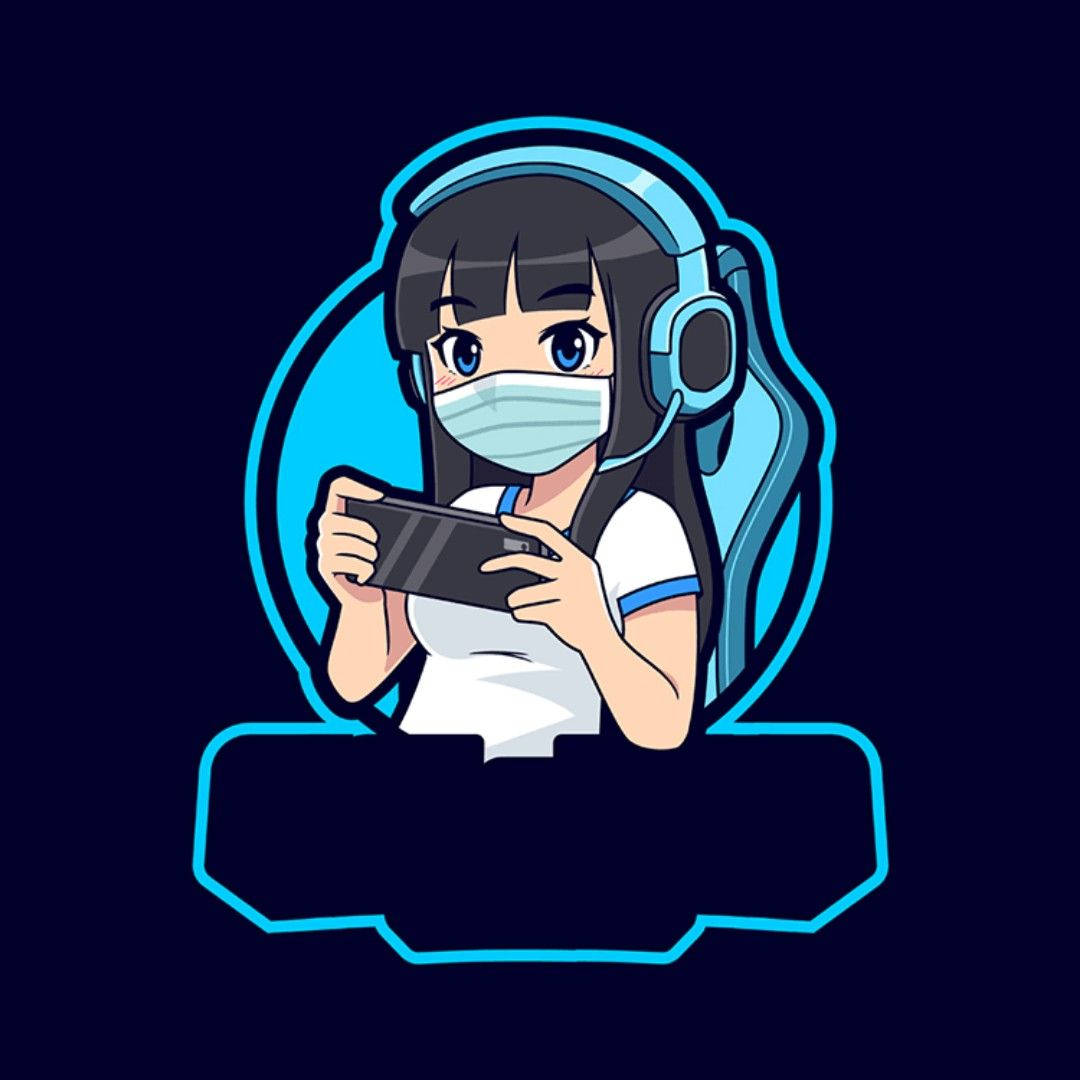 Gamer Logo 桌布 壁紙 — 藍眼戴面具的動漫女孩在深色背景上玩手機遊戲，帶有發光藍色輪廓。