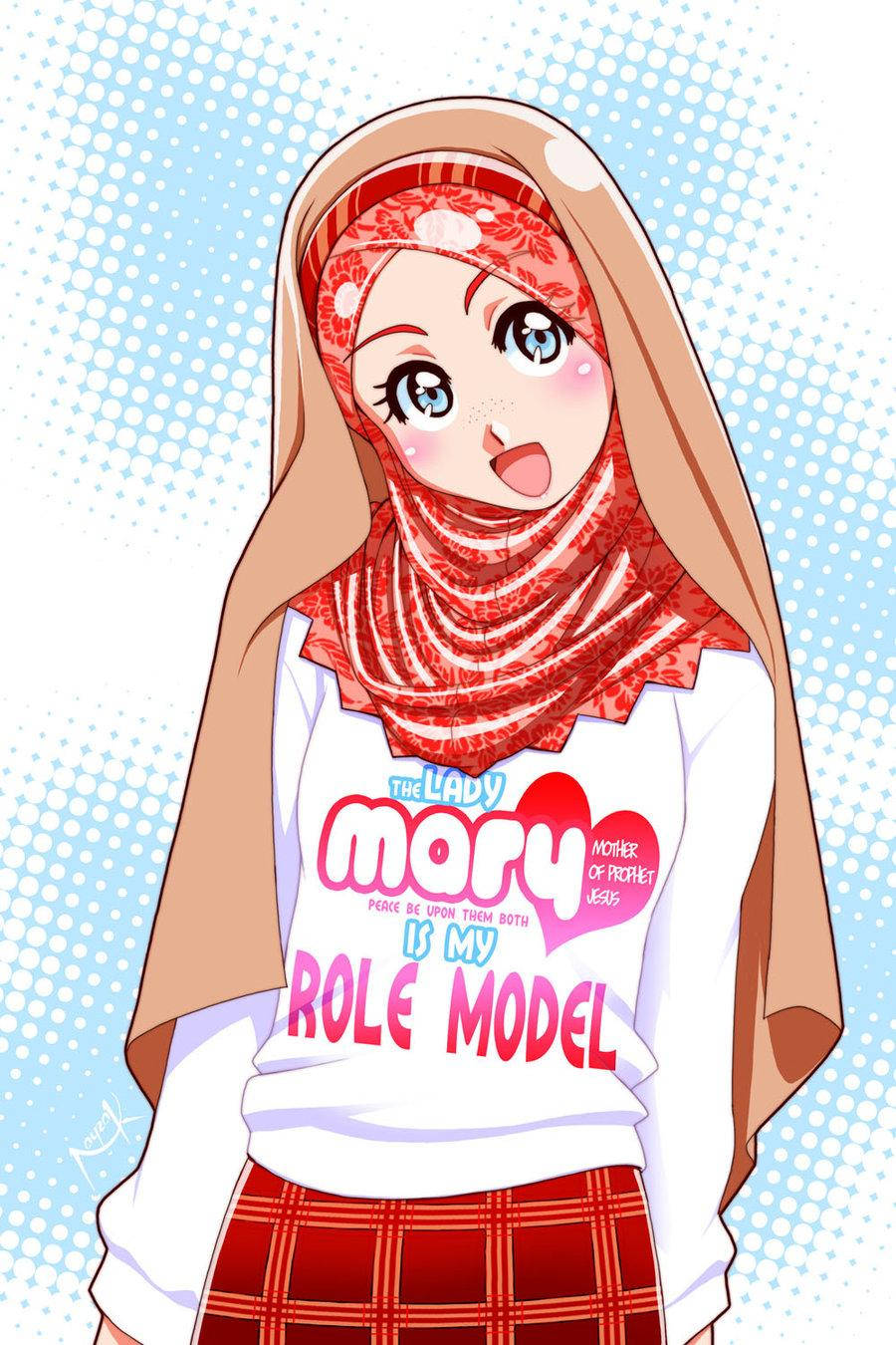anime hijab 桌布 壁紙 — 藍眼睛、戴紅色圖案頭巾的動漫女孩，在藍色半色調背景前以普普藝術風格燦爛微笑。