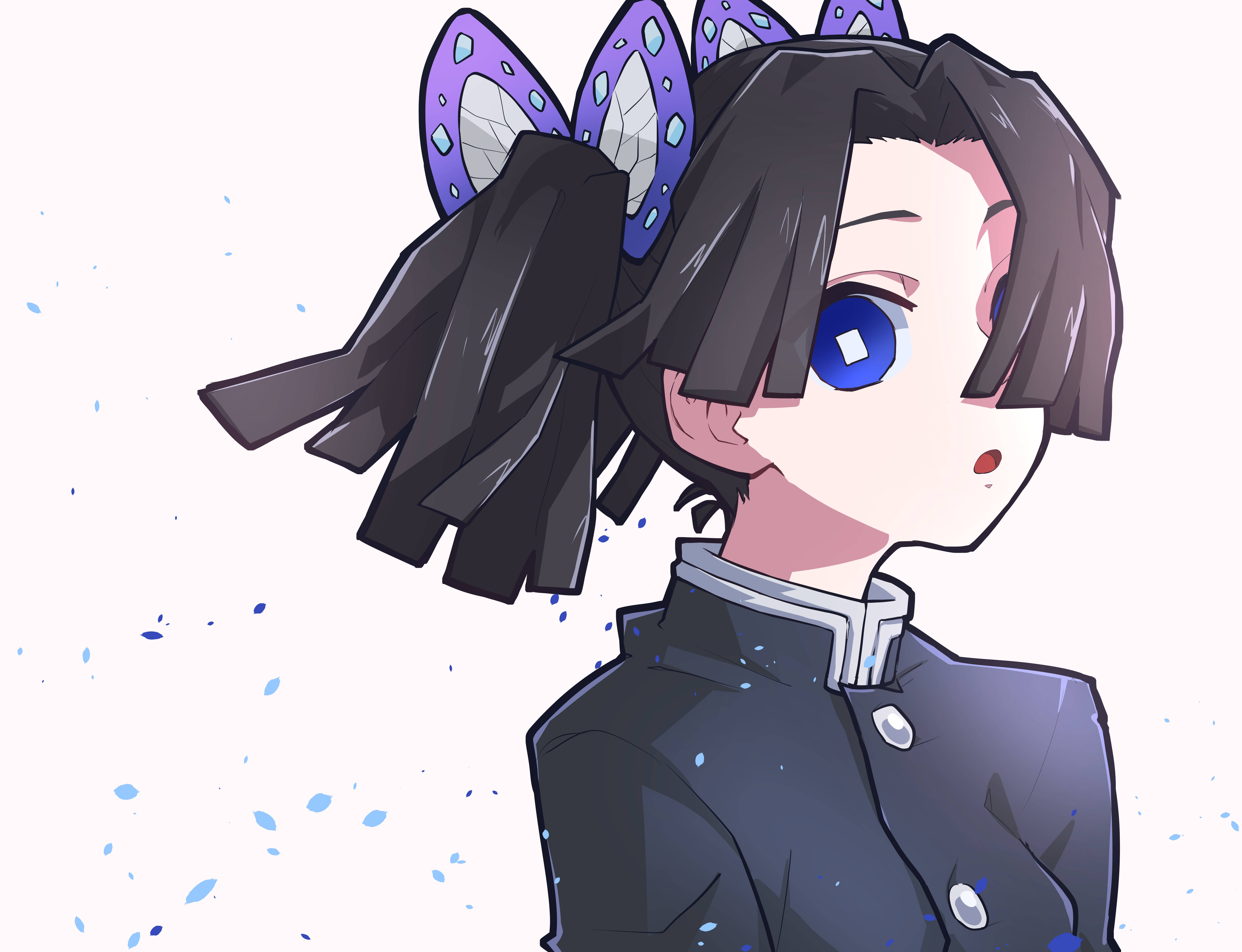 aoi kanzaki 桌布 壁紙 — 藍眼睛、紫色蝴蝶髮飾的動漫女孩，身穿深色制服，背景為帶斑點的白色。