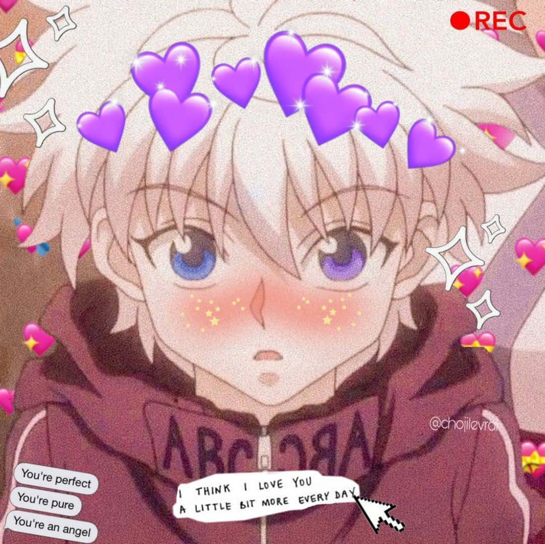 Aesthetic Anime Pfp 桌布 壁紙 — 藍眼睛白頭髮的動漫男孩，被紫色愛心和愛情訊息包圍，配上可愛的數位濾鏡。