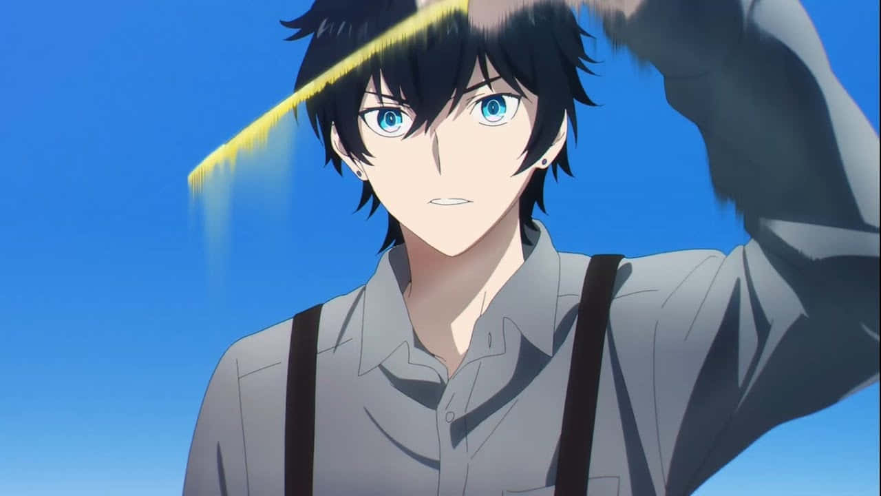 anime boys cute 桌布 壁紙 — 藍眼睛黑頭髮的動漫男孩在清澈的藍天下調整帽子。