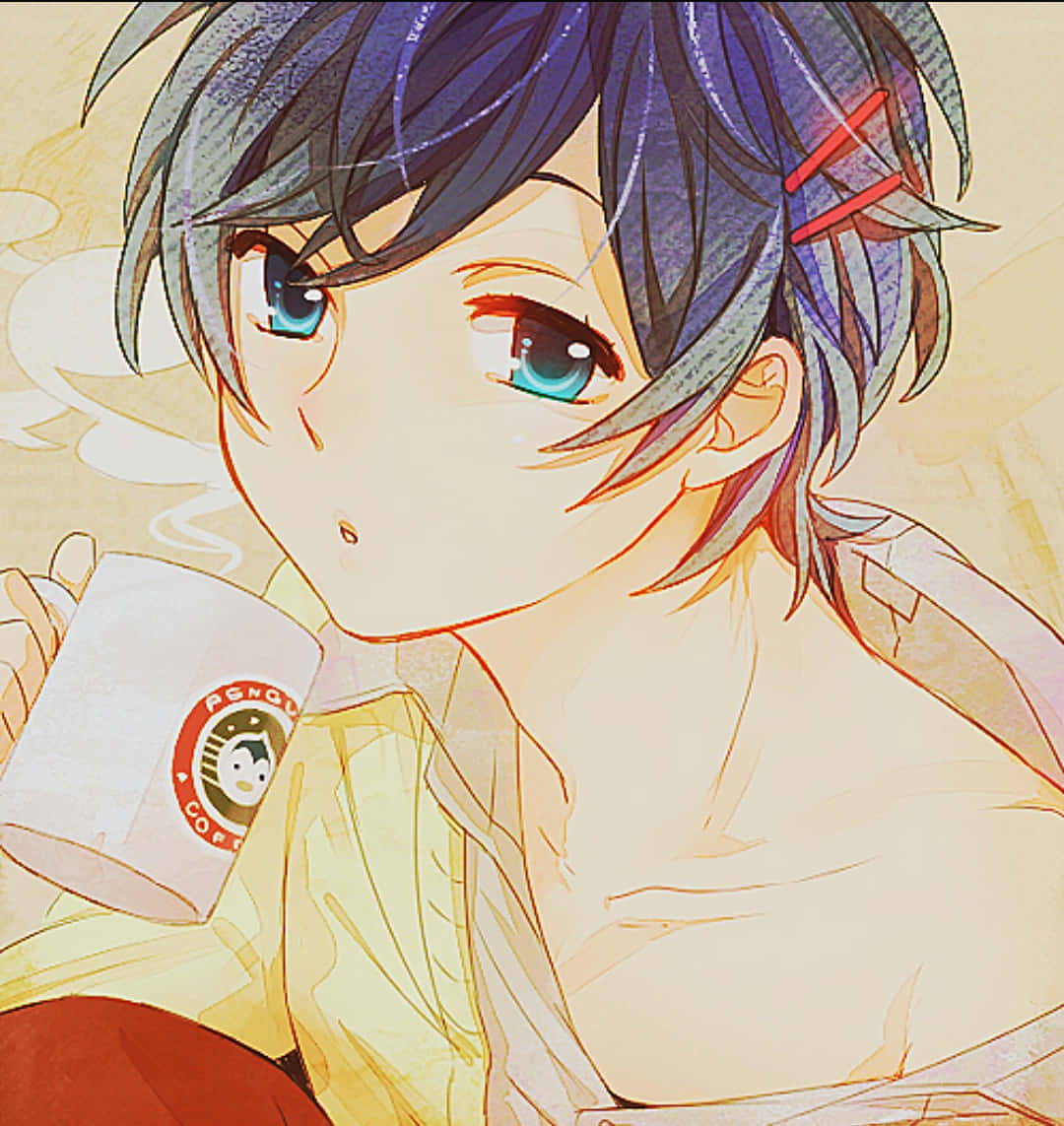 Cute Anime Boys 桌布 壁紙 — 藍眼紫髮的動漫女孩在溫暖的金色光芒中啜飲著冒煙的咖啡。
