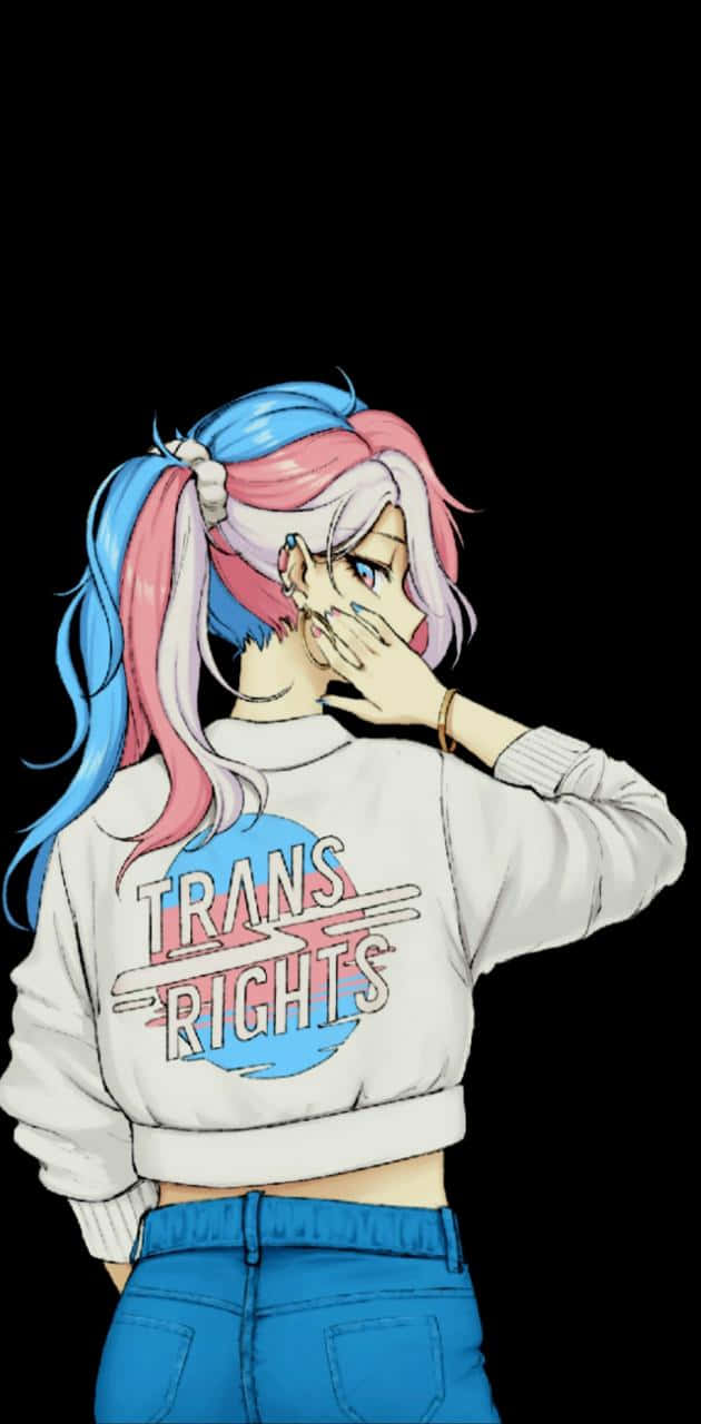 transgender 桌布 壁紙 — 藍粉雙色頭髮的動漫女孩穿著 'Trans Rights' 連帽衫，在黑色背景前遮住臉。