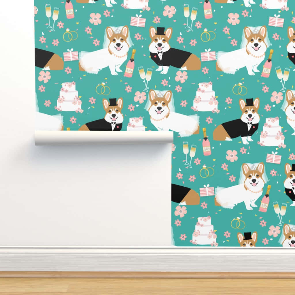 動物 桌布 壁紙 — 藍綠色壁紙展開，露出穿著婚禮服飾的柯基犬，周圍有蛋糕、香檳和鮮花。